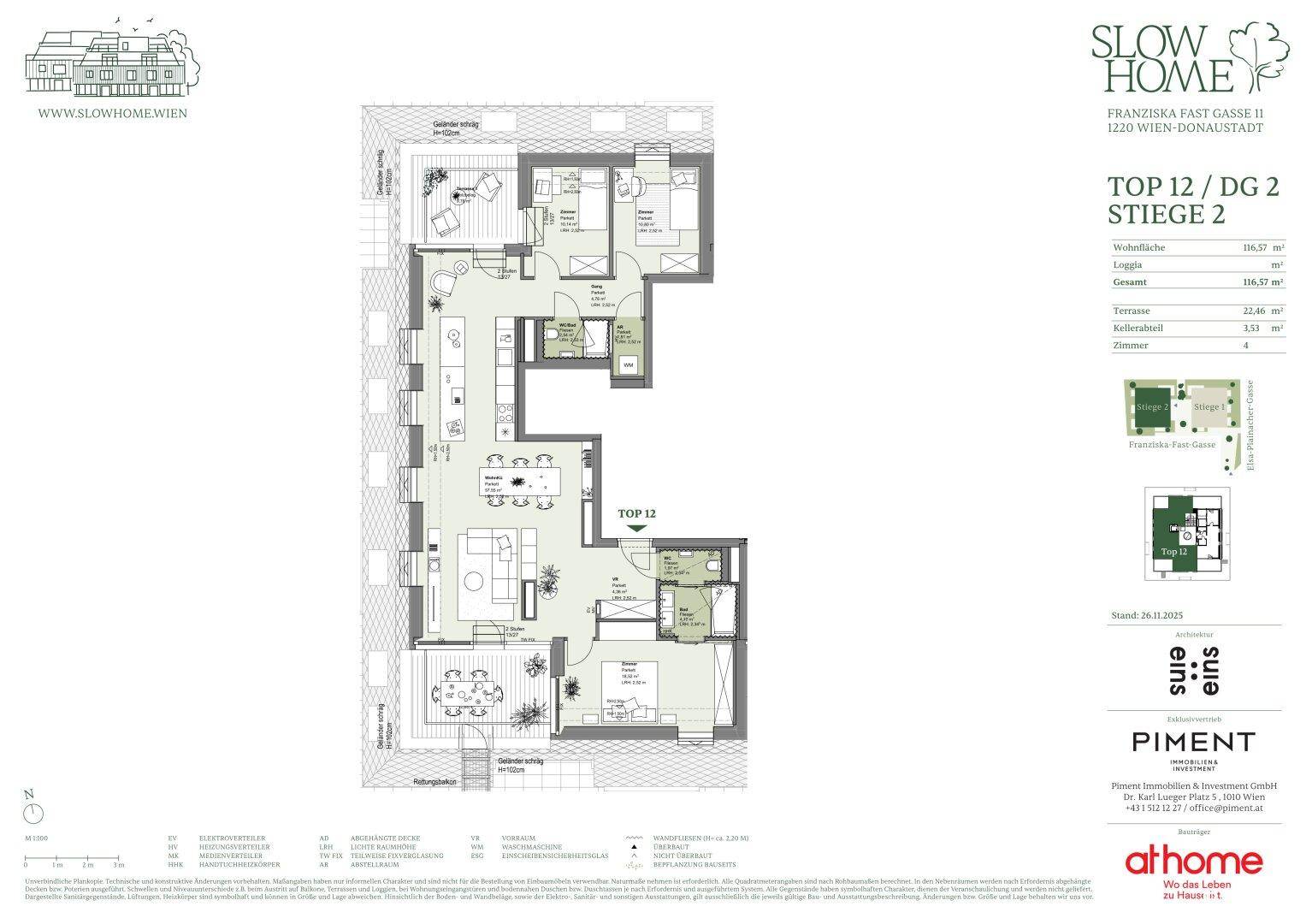 Detaillierter Grundriss einer Penthouse-Wohnung im Dachgeschoss mit offenem Wohnbereich, zwei Schlafzimmern, zwei Bädern und großer Dachterrasse.