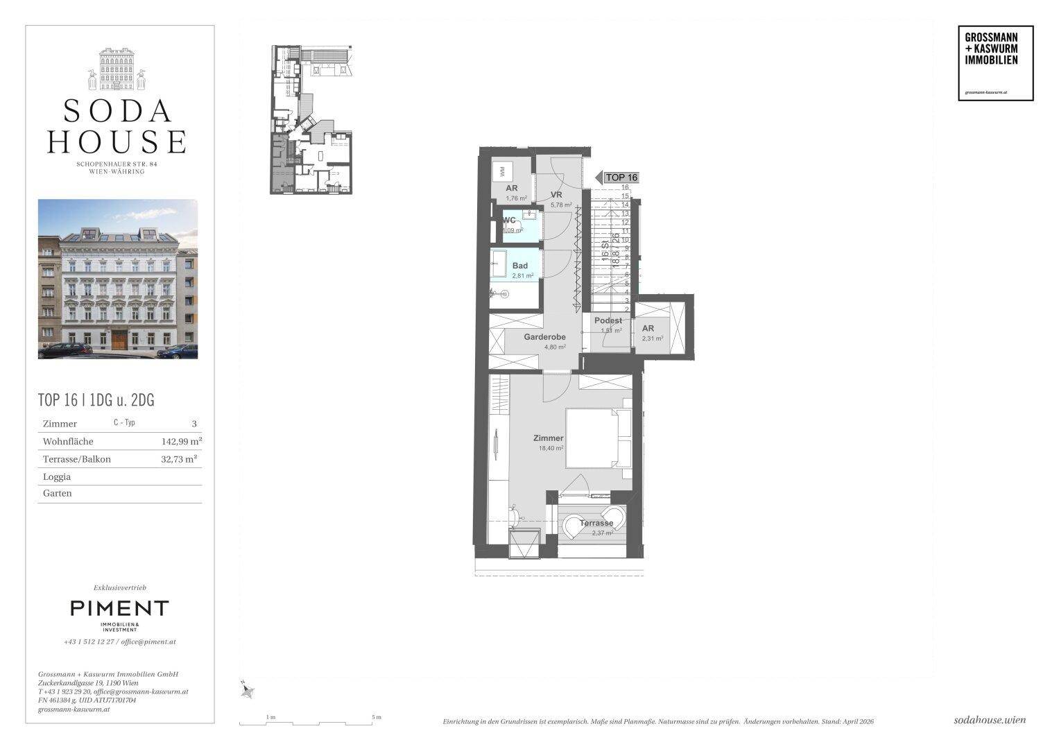 Grundriss einer Maisonette-Wohnung im Dachgeschoss mit Schlafzimmer, Bad, separatem WC und einer Terrasse.