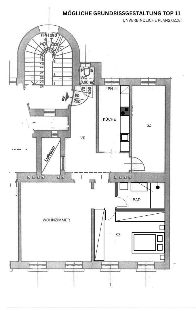 Möglicher Grundriss für Top 11 mit Wohnzimmer, Küche, Schlafzimmern und Bad.