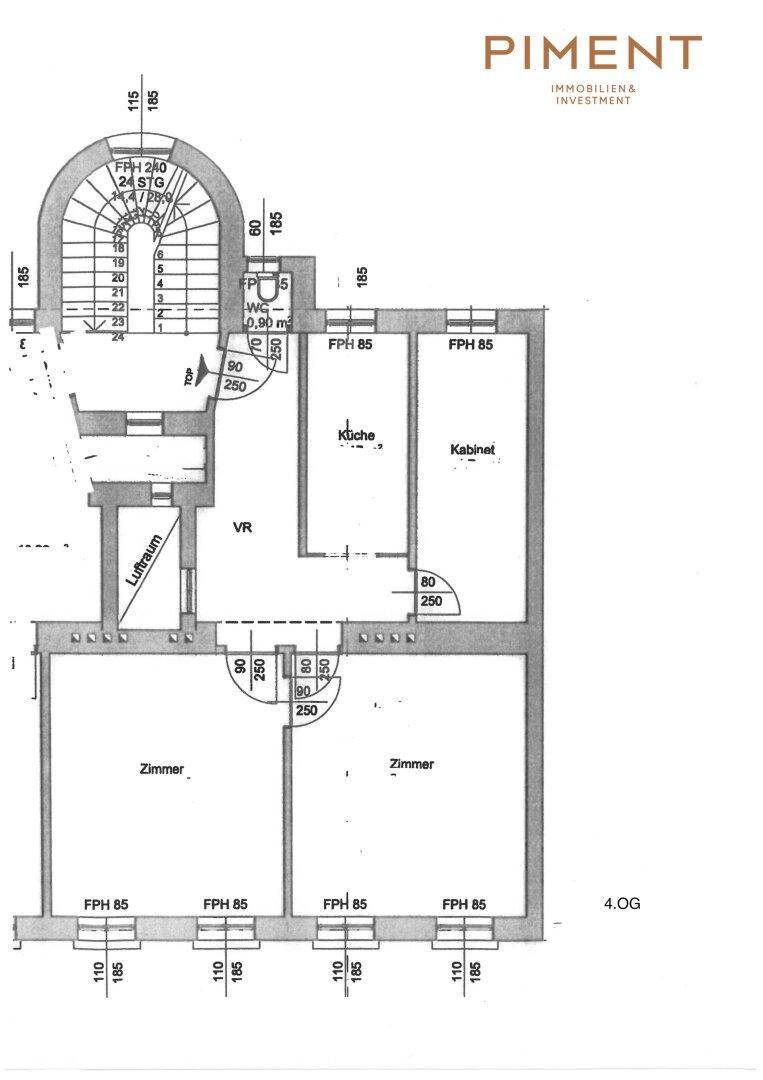 Grundriss des 4. Obergeschosses mit Treppenhaus, Küche und mehreren Zimmern.