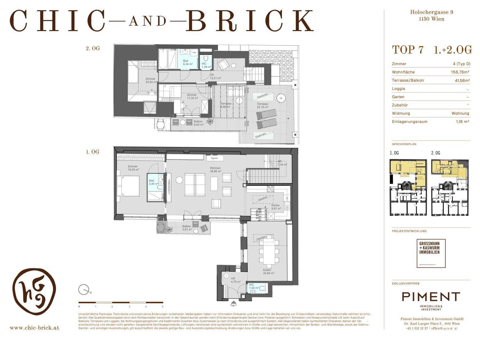 Detaillierter Grundriss einer Maisonette-Wohnung mit zwei Etagen, Balkon und Terrasse.