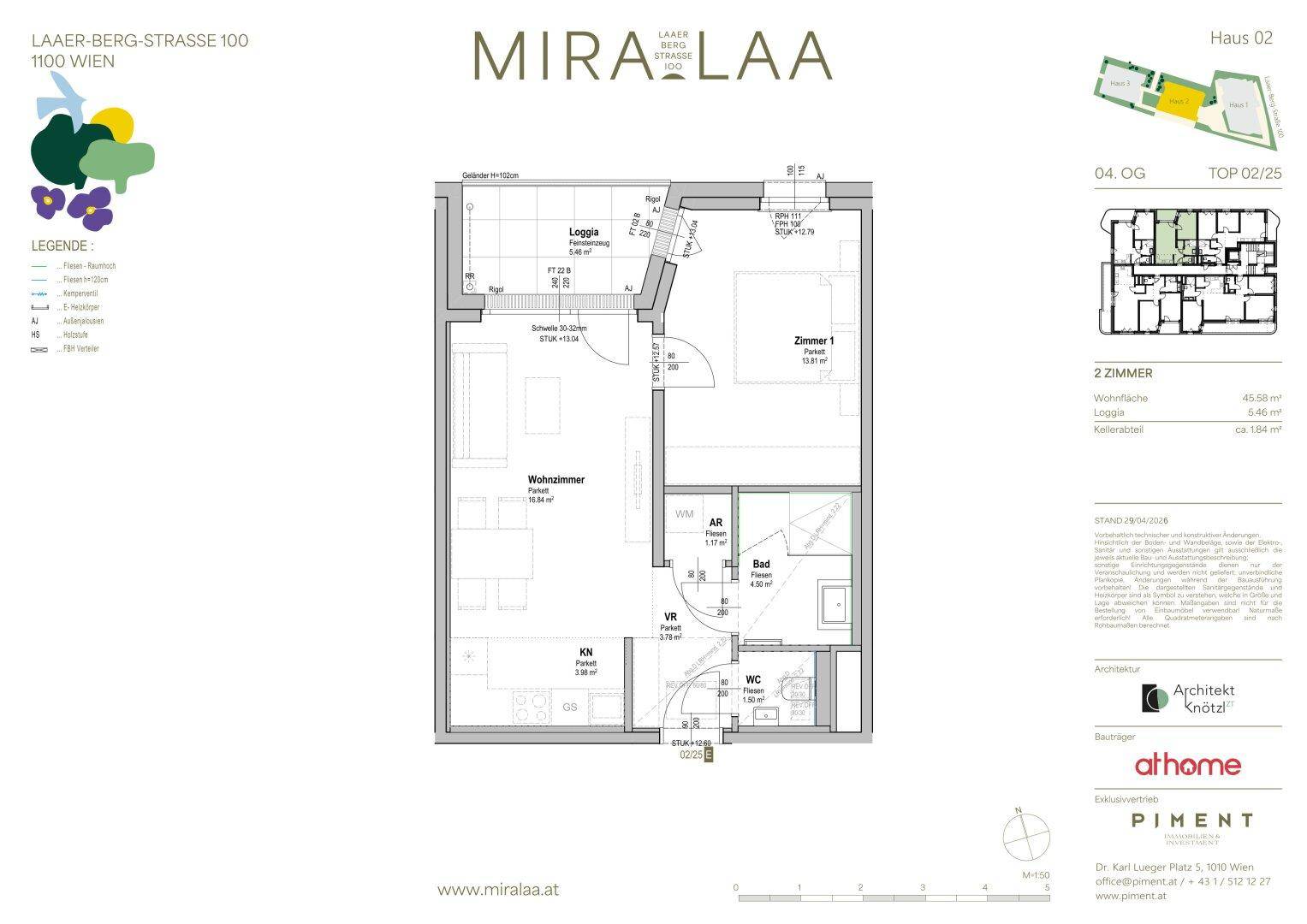 Grundriss einer 2-Zimmer-Wohnung mit Loggia, separatem WC und offener Küchennische.
