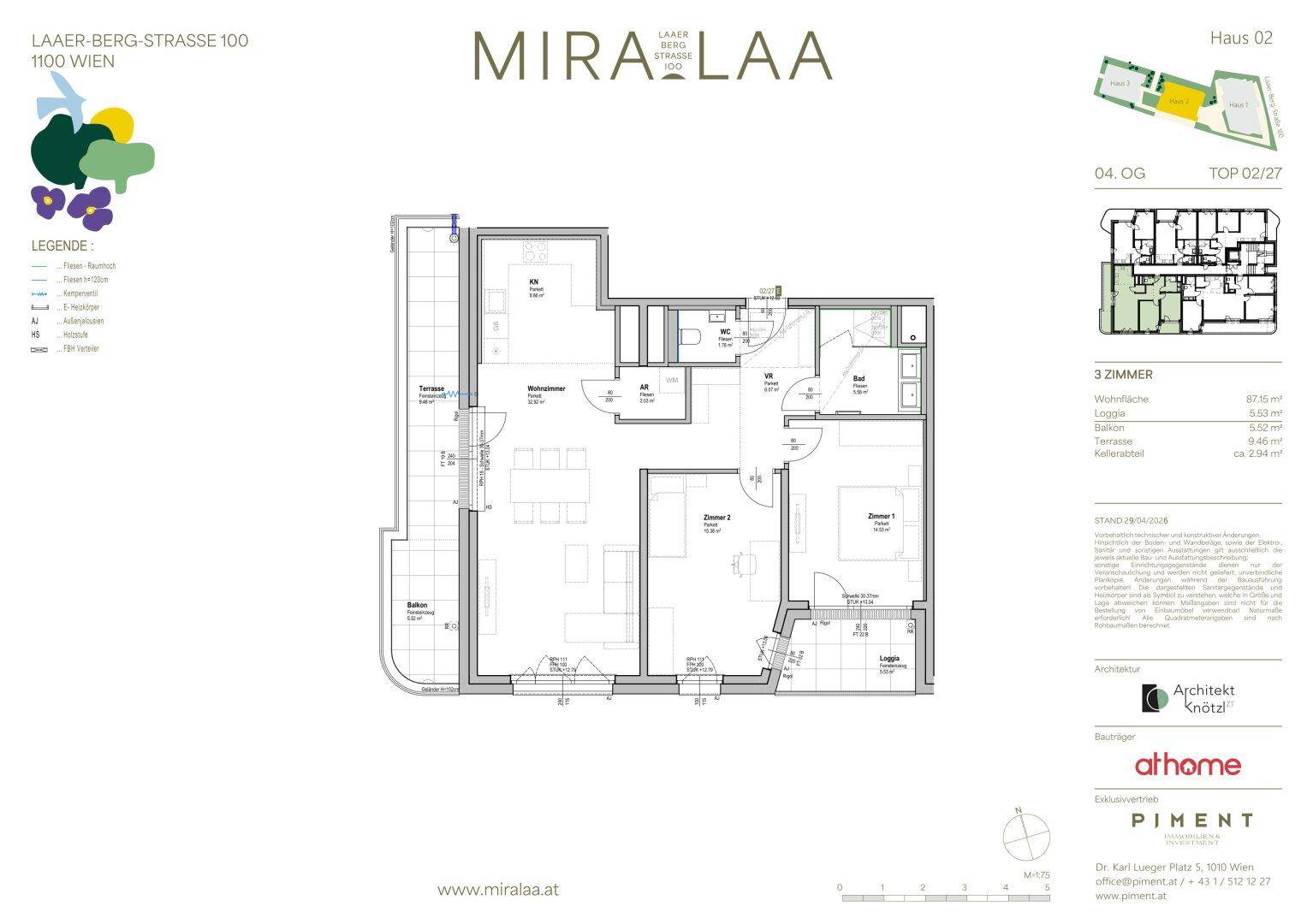 Grundriss einer 3-Zimmer-Wohnung mit offenem Wohnbereich, Küche, Bad, separatem WC, Terrasse, Balkon und Loggia.