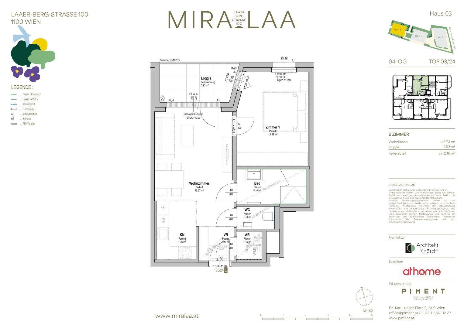 Grundriss einer 2-Zimmer-Wohnung mit Loggia, separatem WC und integrierter Küchennische.