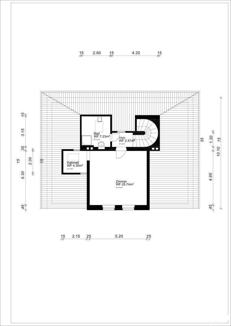 Grundriss des Dachgeschosses mit Zimmer, Bad und Abstellraum.