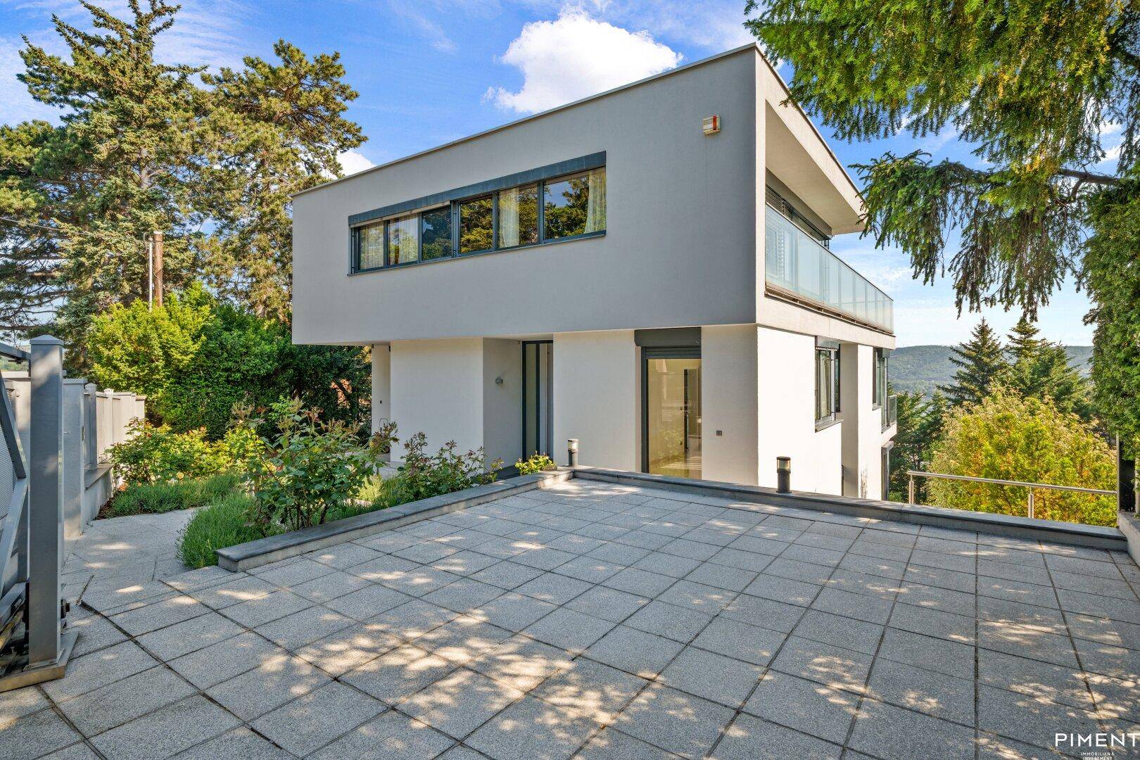 Moderner Eingangsbereich des Hauses mit gepflastertem Vorplatz und zeitgenössischer Architektur.