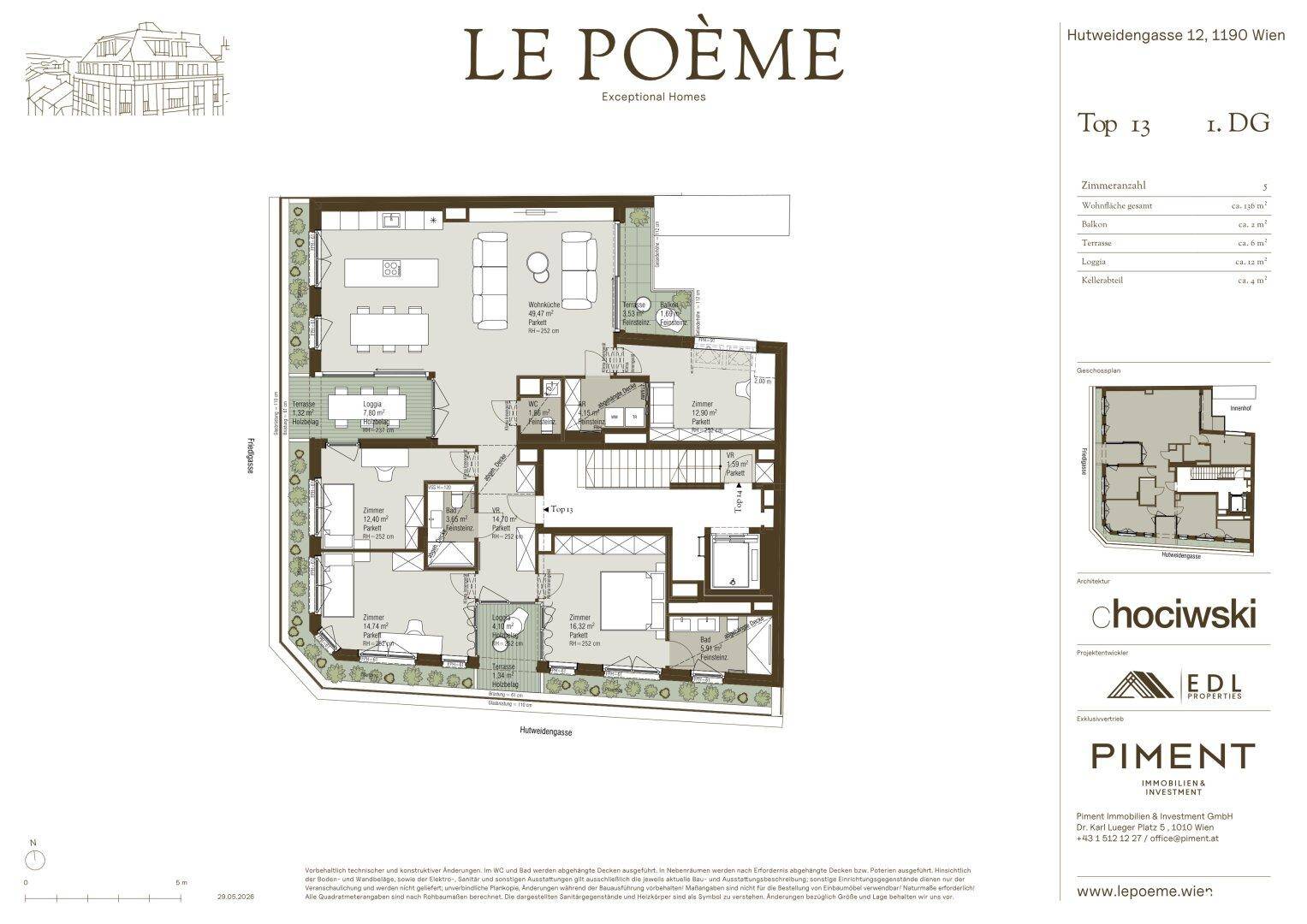 Detaillierter Grundriss einer Wohnung mit offenem Wohnbereich, mehreren Schlafzimmern, Bädern, Loggia, Terrasse und Garten.