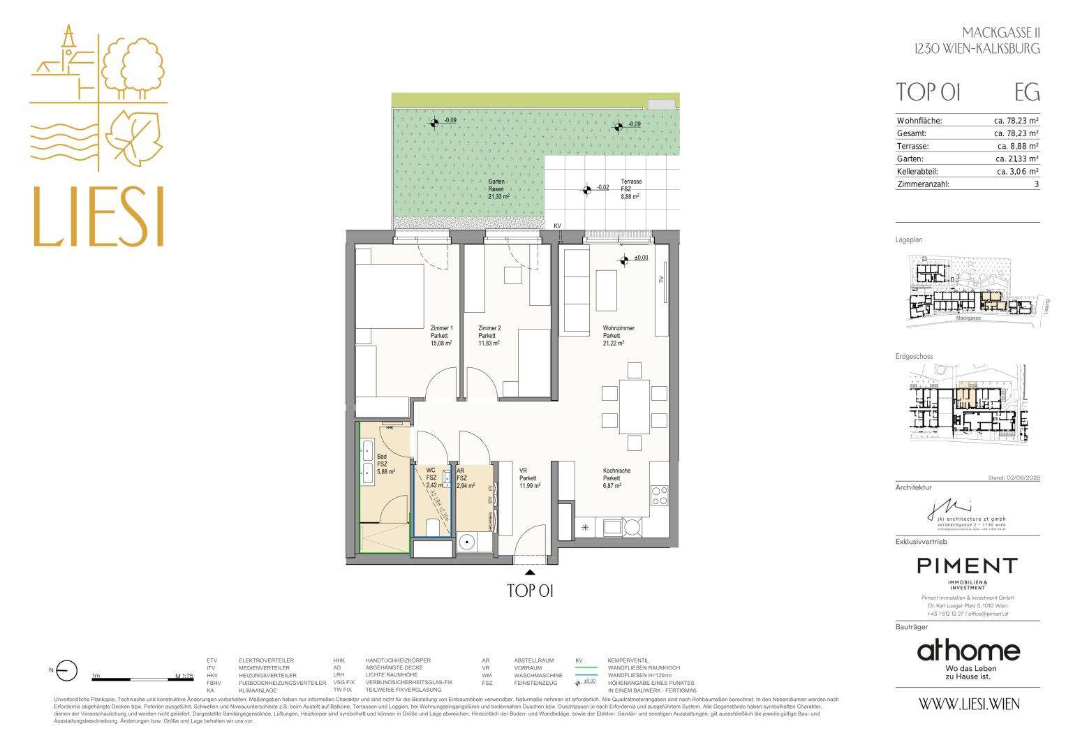 Grundriss einer Wohnung mit Terrasse, zwei Schlafzimmern und offenem Wohnbereich.