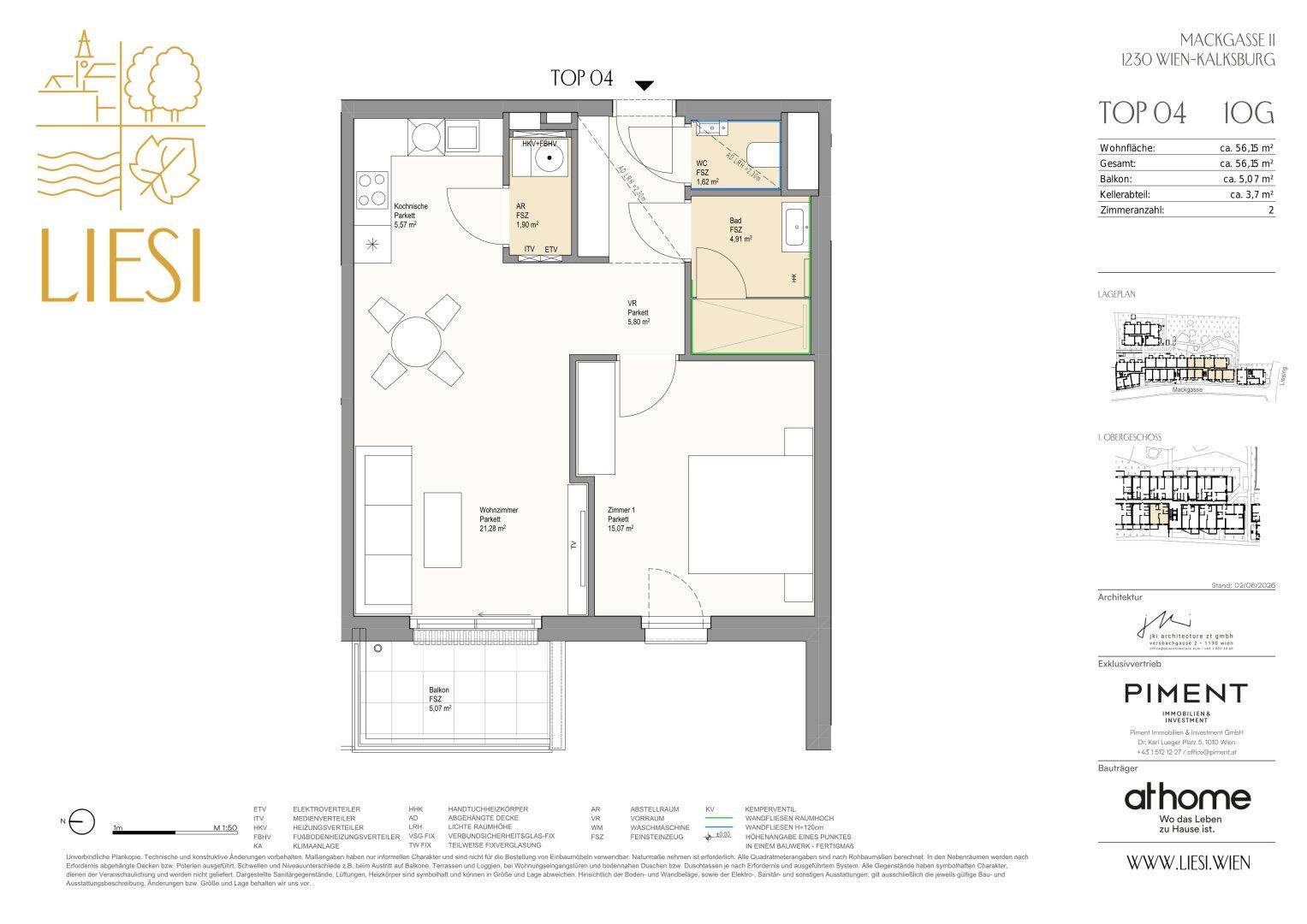 Grundriss einer Wohnung mit einem Schlafzimmer, offenem Wohnbereich und Balkon.