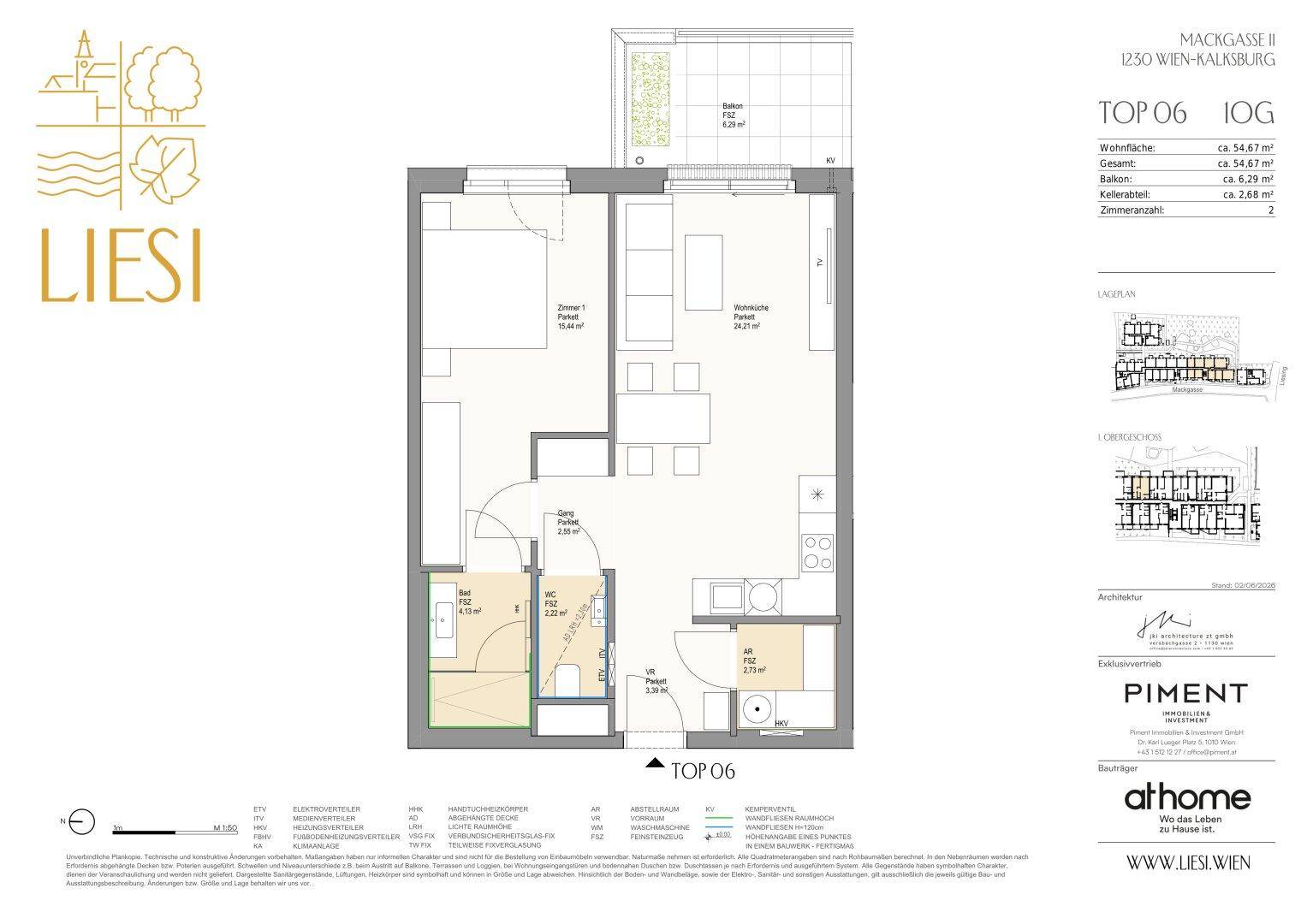 Grundriss einer Wohnung mit zwei Zimmern, Balkon und offenem Wohnbereich.