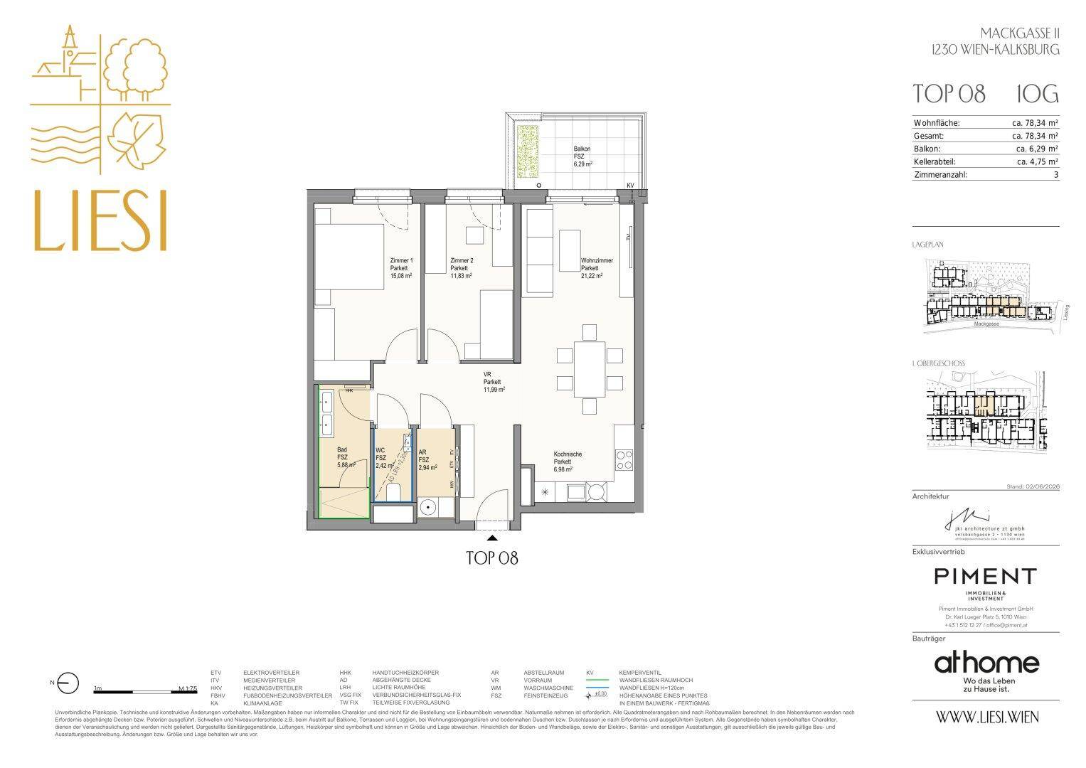Detaillierter Grundriss einer Wohnung mit zwei Zimmern, Bad, WC und Balkon.