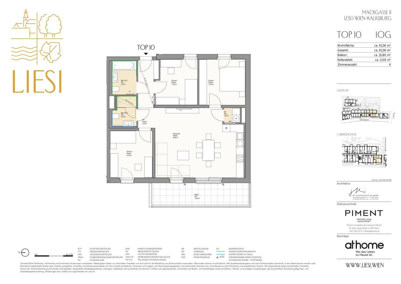 Detaillierter Grundriss einer Wohnung mit drei Schlafzimmern, Balkon und klarer Raumaufteilung.
