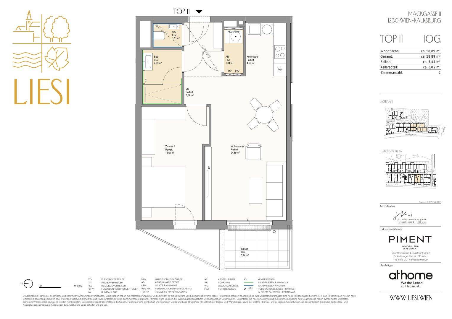 Grundriss der Wohnung Top II mit Wohnbereich, Schlafzimmer und Balkon.