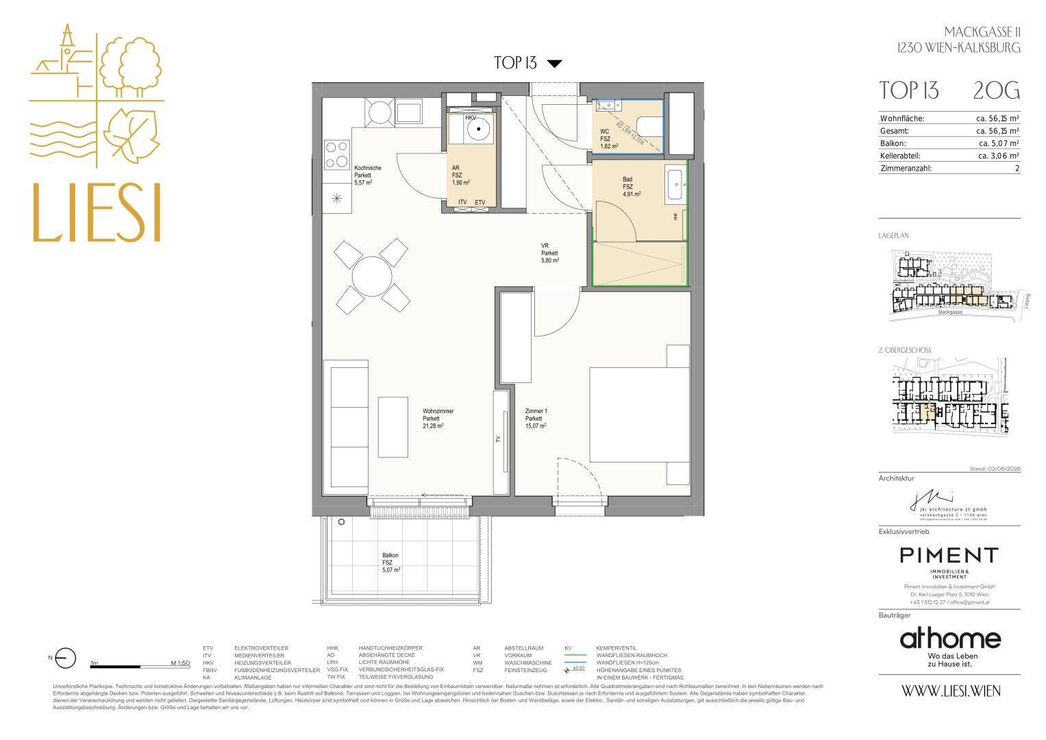 Grundriss einer Wohnung mit zwei Zimmern, Balkon und separatem Bad und WC.