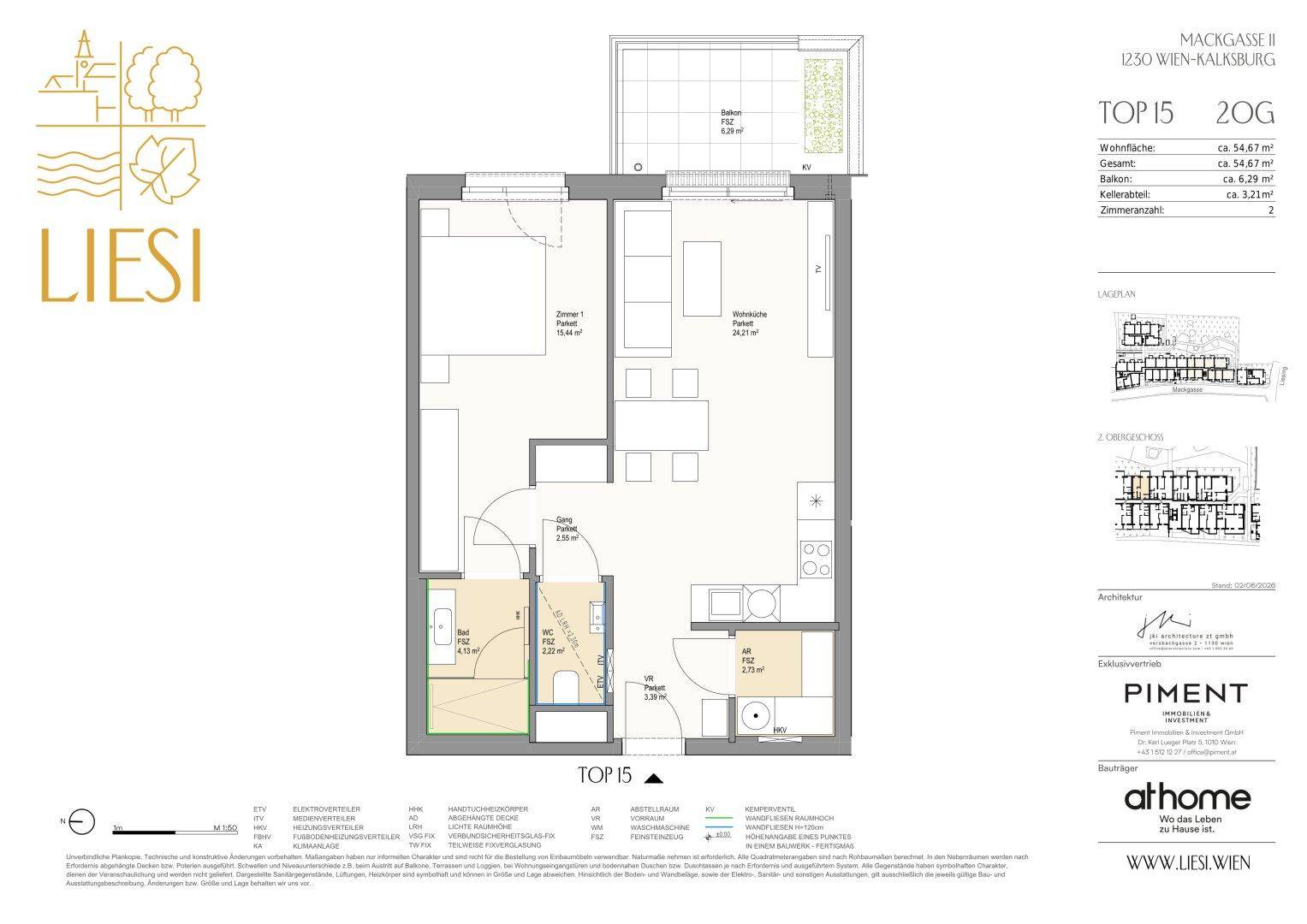 Grundriss der Wohnung Top 15 mit zwei Zimmern, Balkon und offener Wohnküche.
