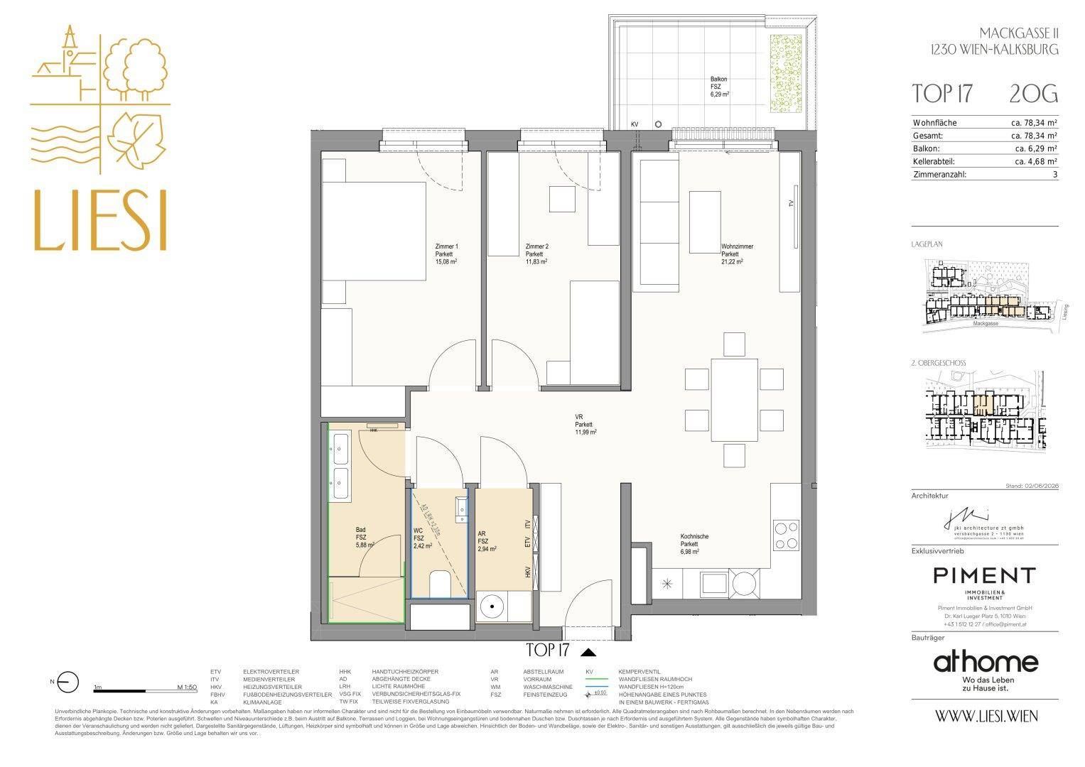 Detaillierter Grundriss einer Wohnung mit zwei Schlafzimmern, offenem Wohnbereich und Balkon.