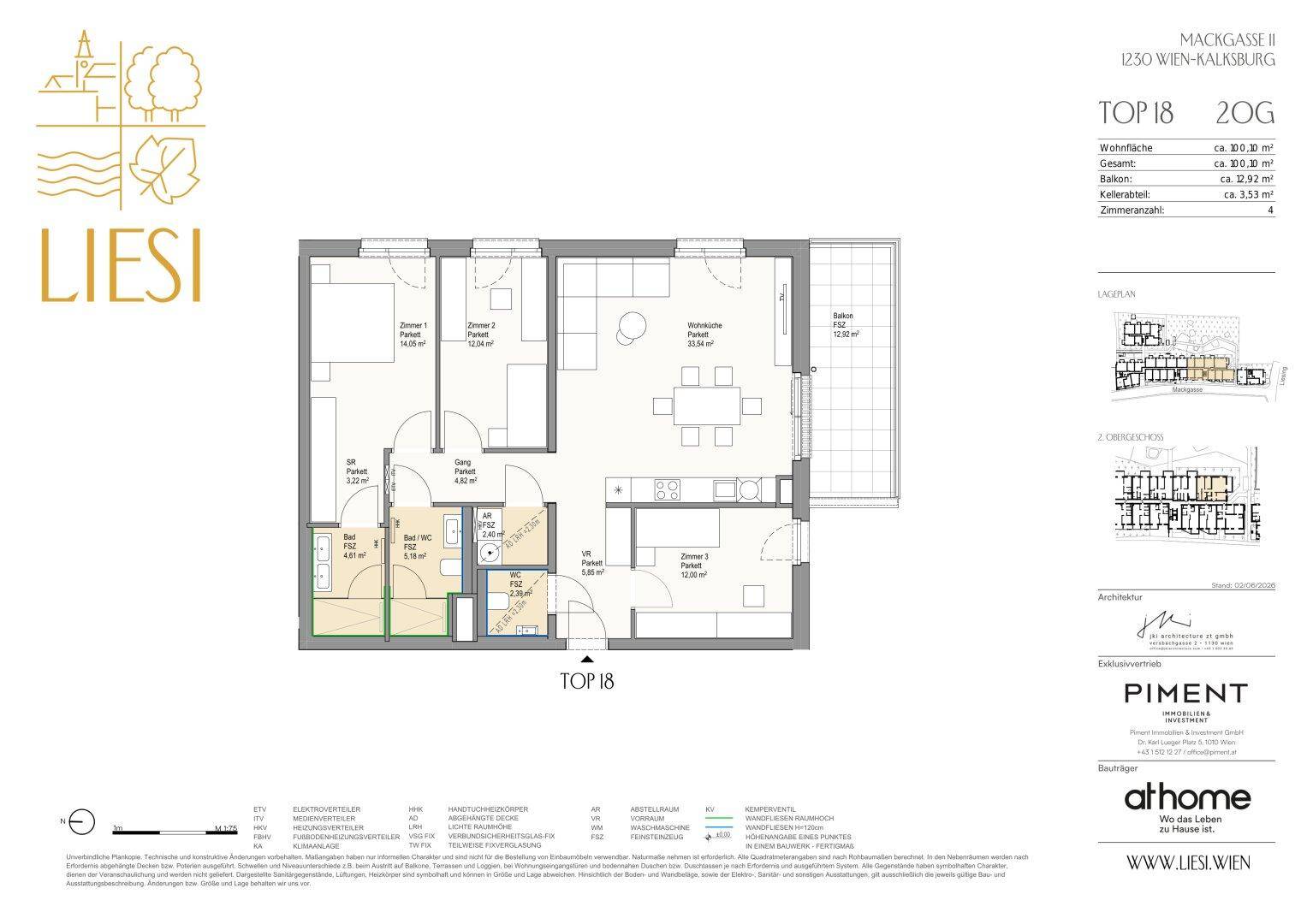 Grundriss einer Wohnung mit drei Zimmern, einem Balkon und offenem Wohnbereich.
