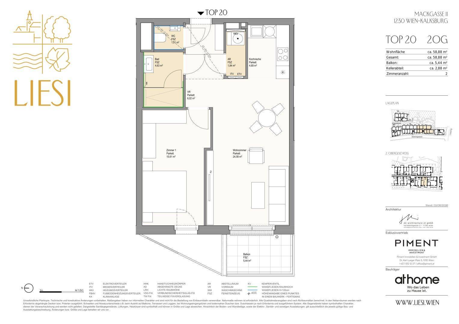 Grundriss einer Wohnung mit zwei Zimmern, Bad, WC und Balkon.