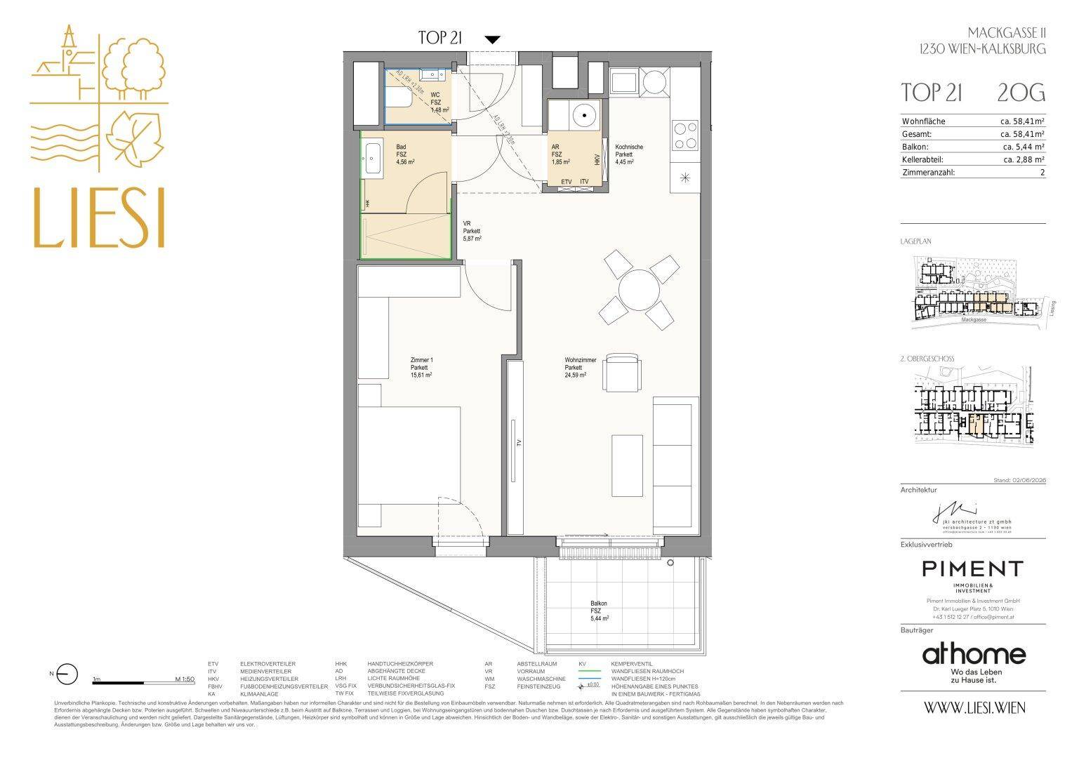 Grundriss der Wohnung TOP 21 mit 58,41m² Wohnfläche, Balkon und zwei Zimmern.