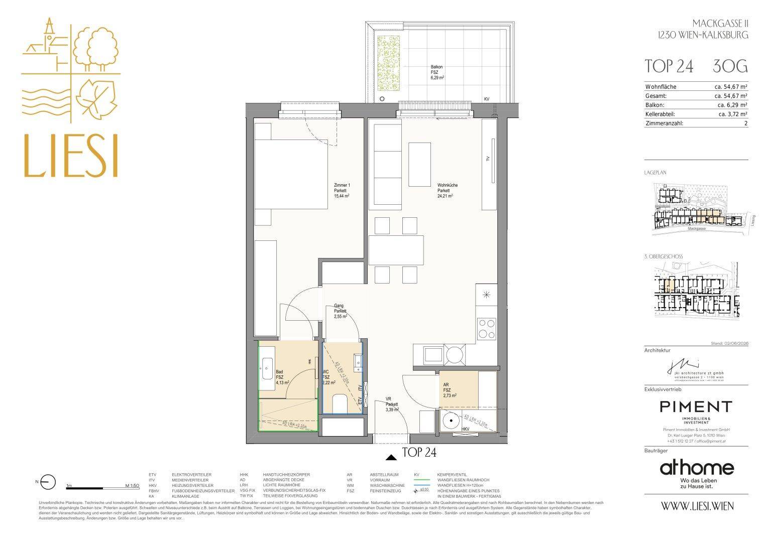 Grundriss einer Wohnung mit zwei Zimmern, einem Balkon und einer Wohnfläche von 54,67 m².