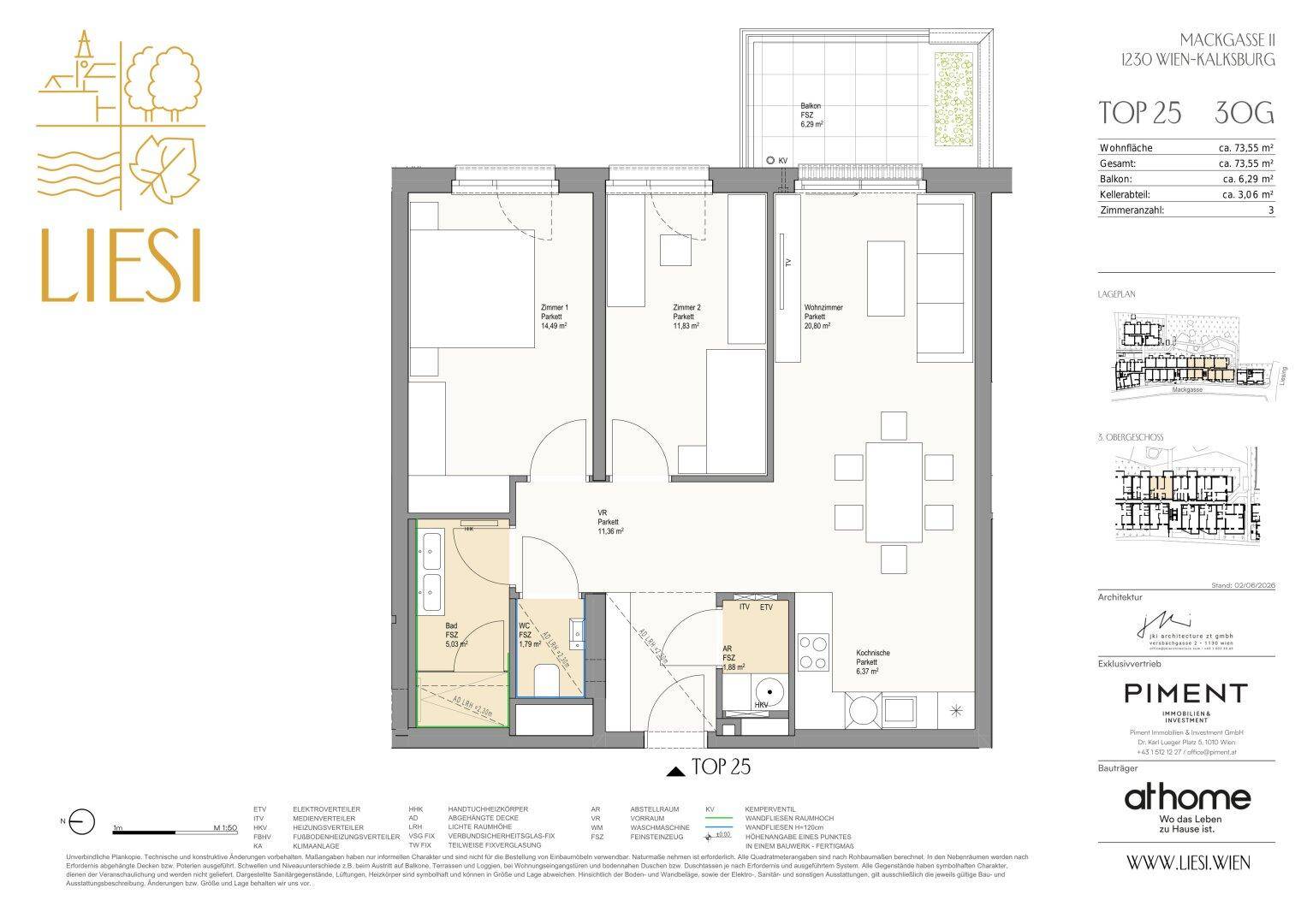 Grundriss einer modernen Wohnung mit zwei Schlafzimmern, einem Bad und einem Balkon.