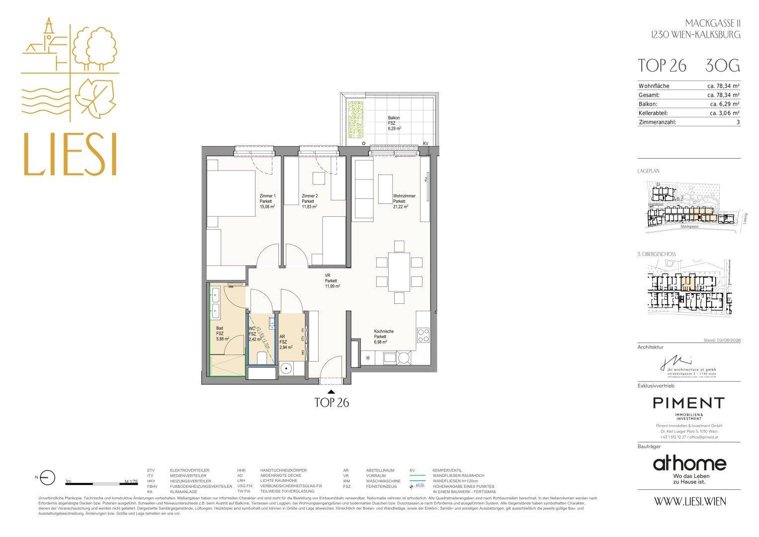 Grundriss der Wohnung Top 26 mit Balkon, zwei Zimmern und offenem Wohnbereich.