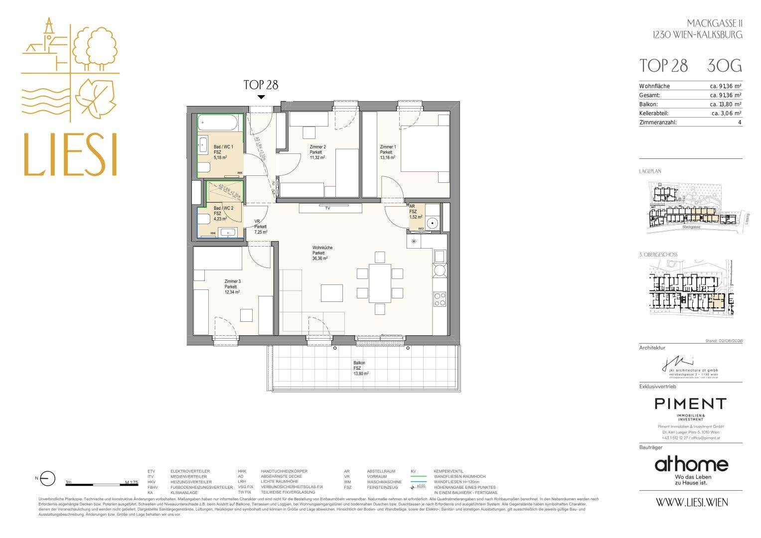 Detaillierter Grundriss einer Wohnung mit drei Zimmern und Balkon.