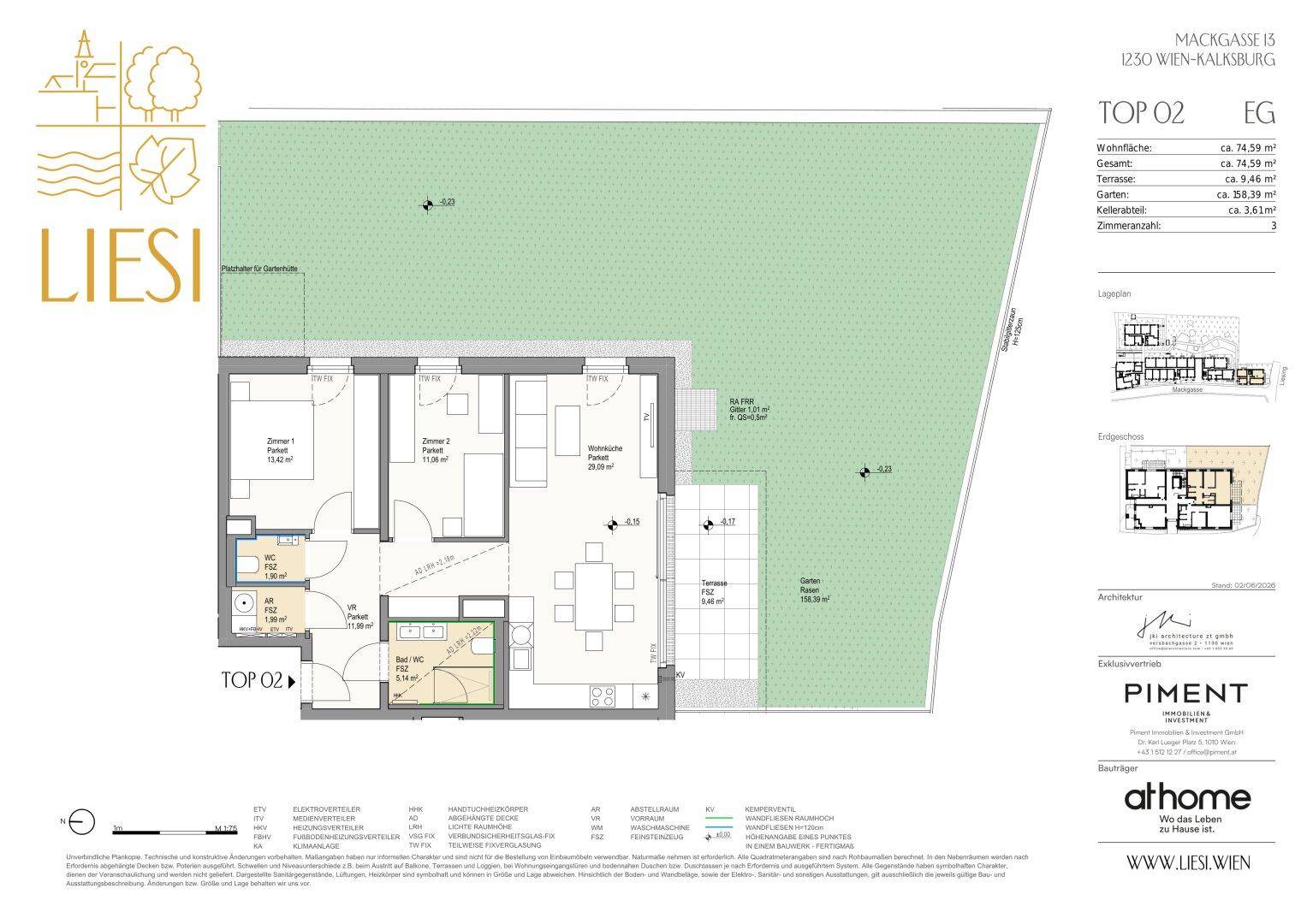 Grundriss einer Wohnung mit zwei Zimmern, Terrasse und privatem Gartenbereich.