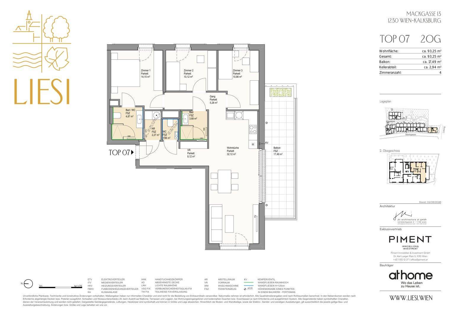 Detaillierter Grundriss der Wohnung Top 07 mit drei Schlafzimmern und Balkon.