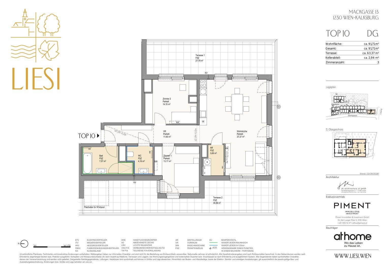 Detaillierter Grundriss einer Wohnung mit zwei Terrassen und offenem Wohnbereich.