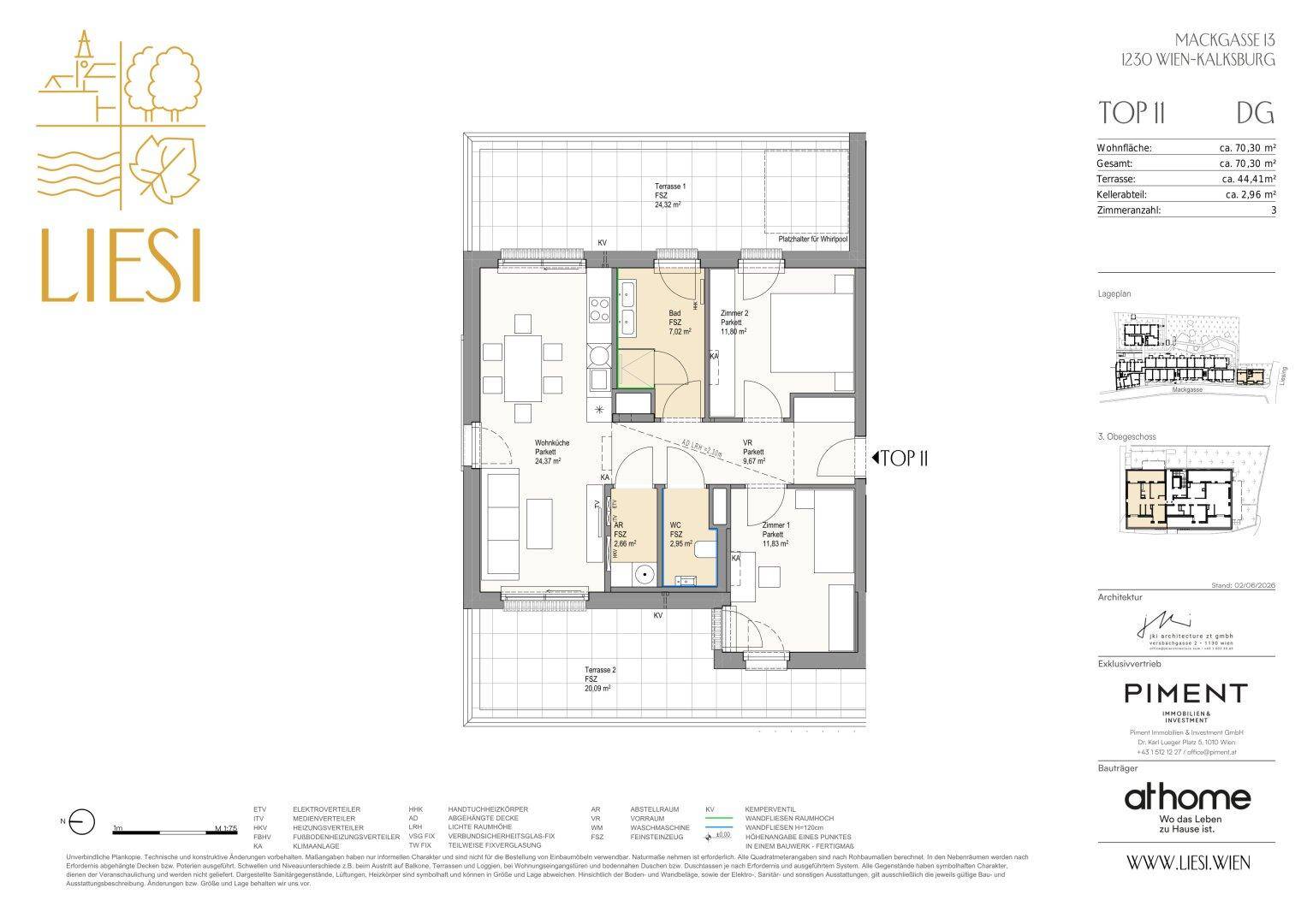 Detaillierter Grundriss einer Wohnung mit zwei Schlafzimmern und zwei Terrassen.