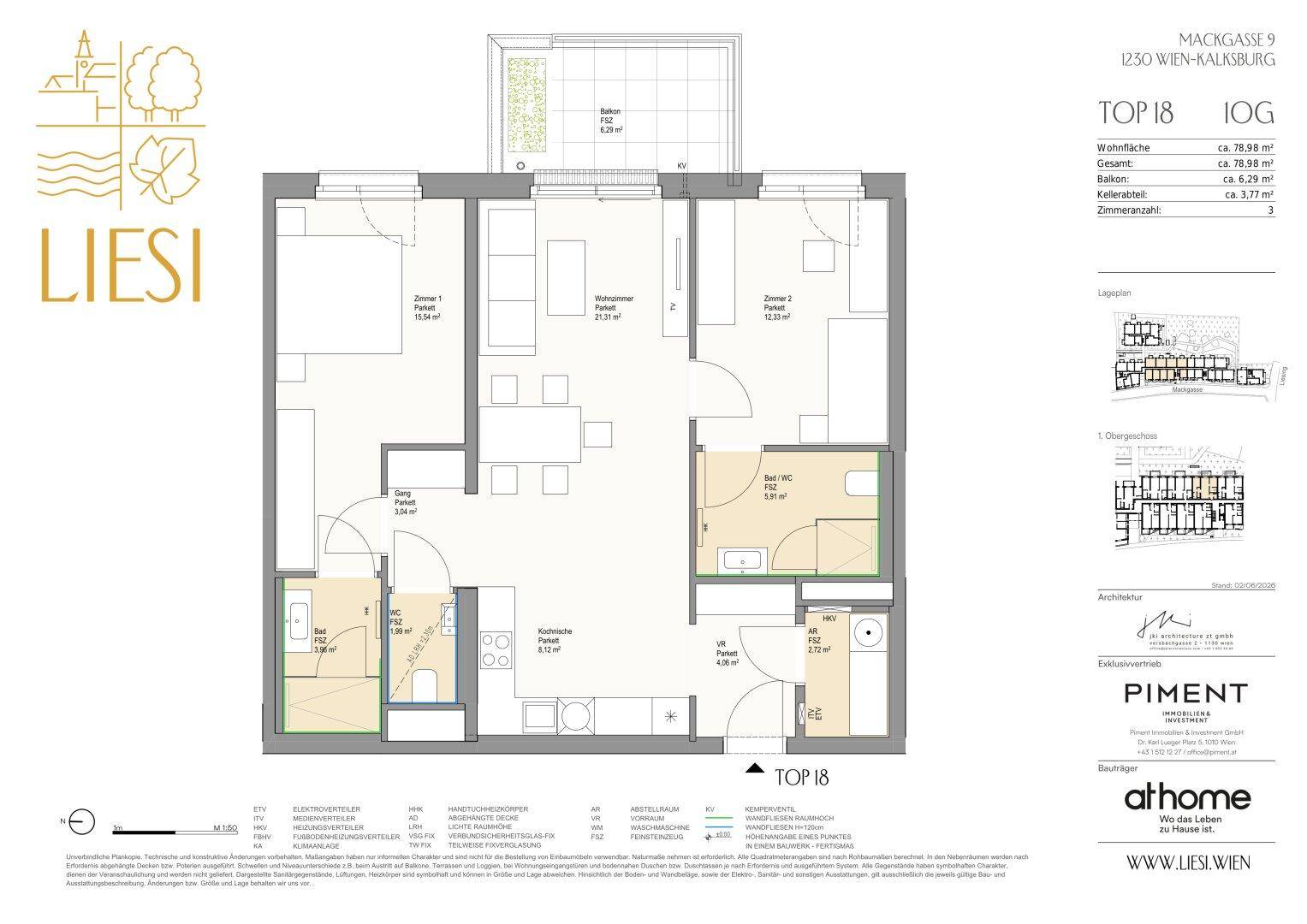 Detaillierter Grundriss einer Wohnung mit drei Zimmern, zwei Bädern und Balkon.