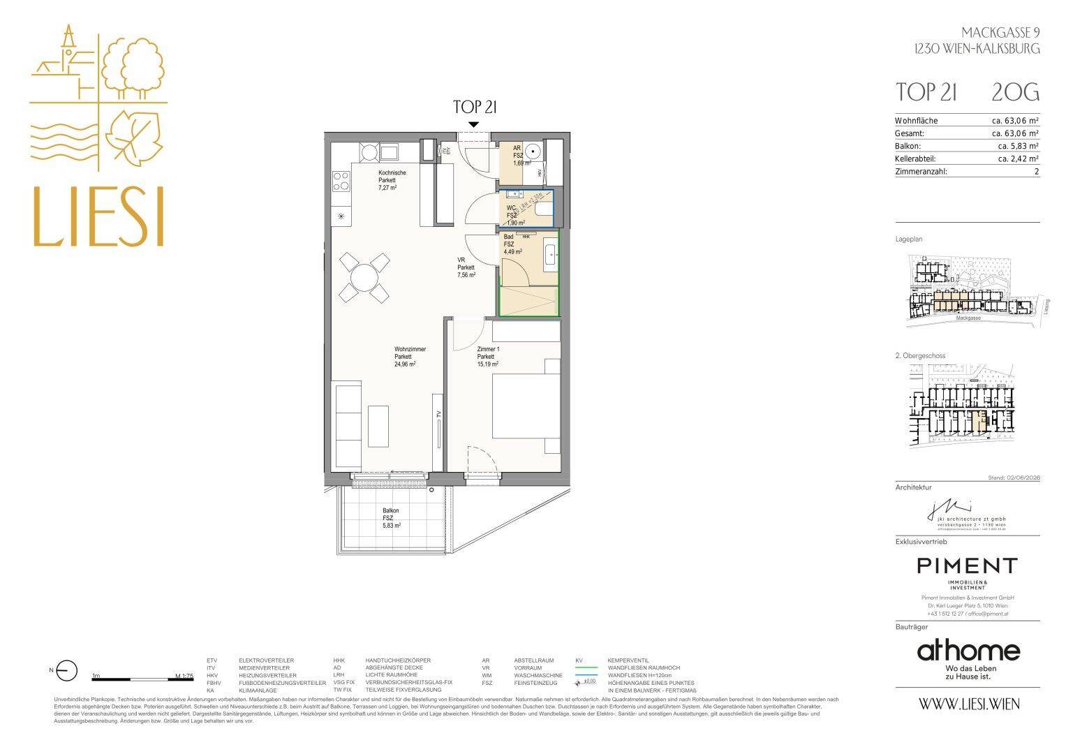 Grundriss der Wohnung Top 21 mit zwei Zimmern, Loggia und Kellerabteil.