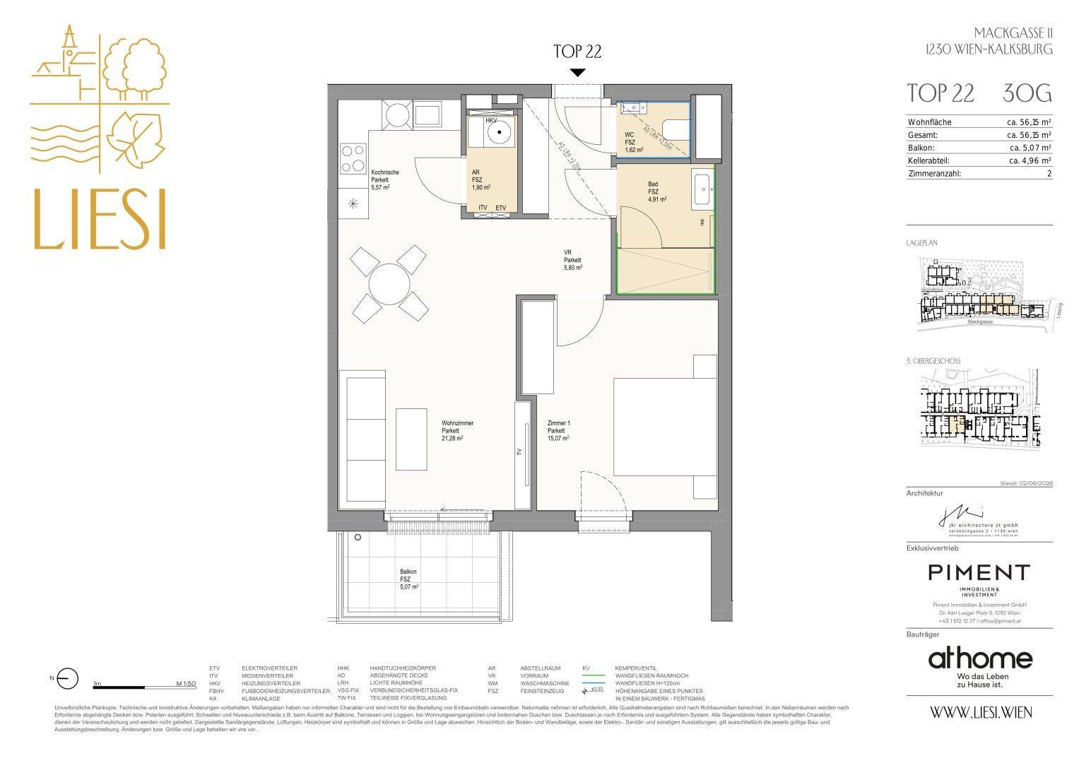 Grundriss einer 2-Zimmer-Wohnung mit offenem Wohnbereich, Balkon und separatem Schlafzimmer.
