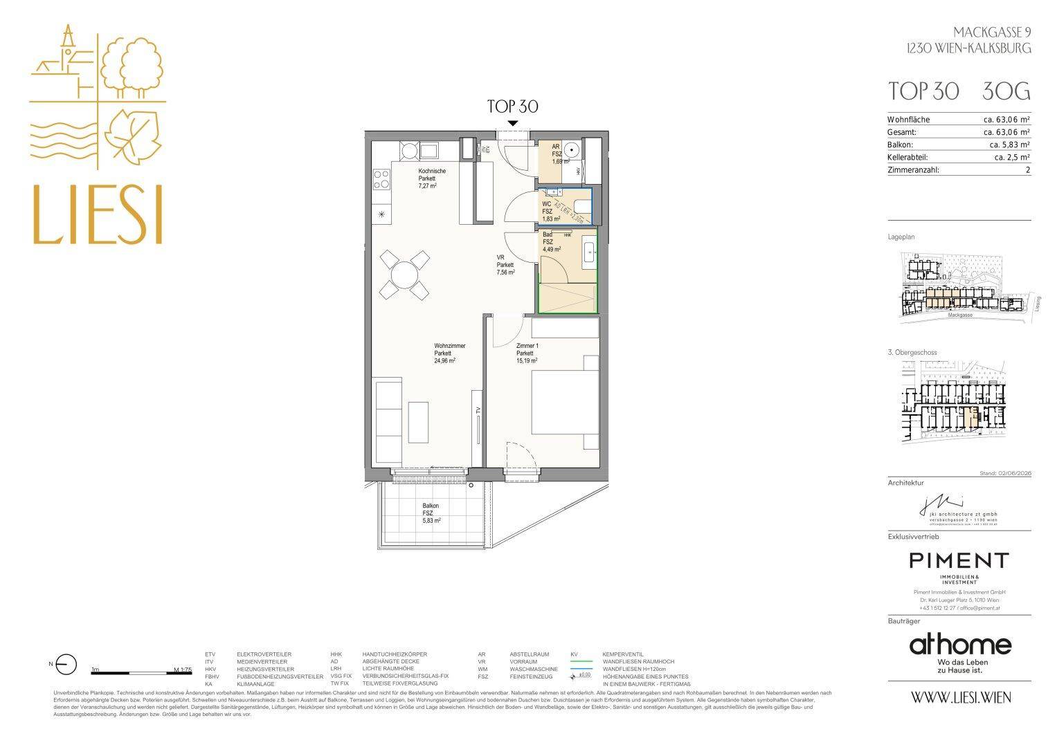 Grundriss der Wohnung Top 30 mit einem Schlafzimmer, Wohnbereich und Balkon.