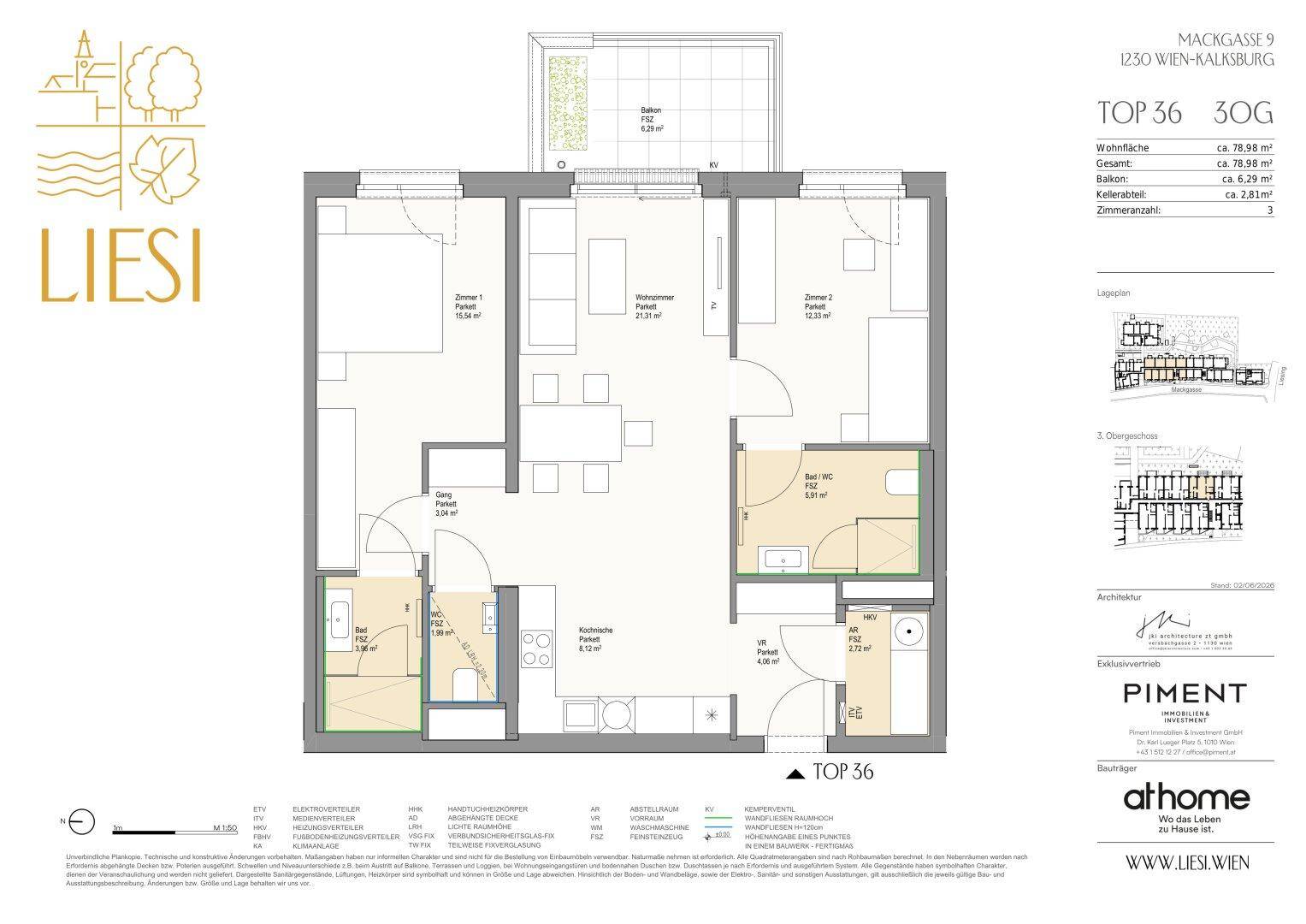 Detaillierter Grundriss einer Wohnung mit drei Zimmern, Küche, Bad und Balkon.