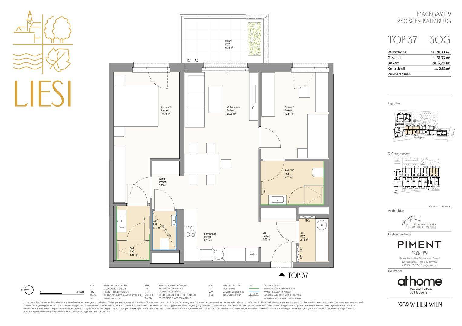 Detaillierter Grundriss einer Wohnung mit drei Zimmern und einem Balkon.