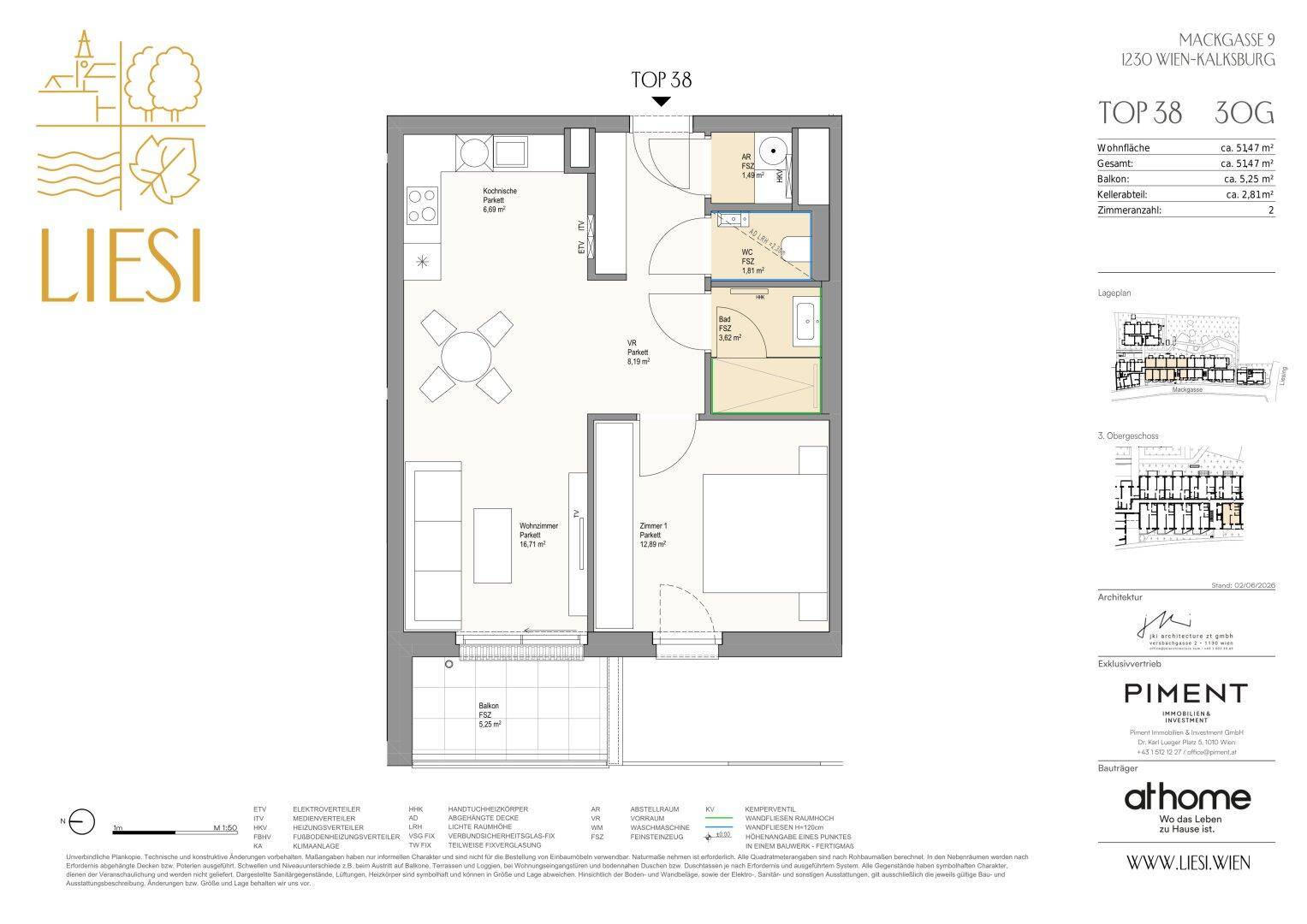 Detaillierter Grundriss der Wohnung Top 38 mit Wohnbereich, Schlafzimmer und Bad.