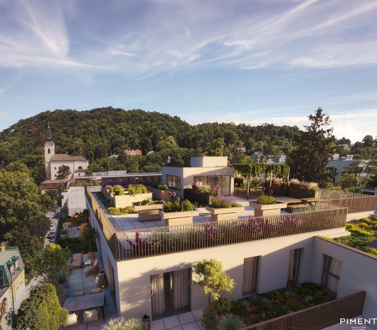Weitläufige Dachterrasse mit modernen Pflanzbeeten und Panoramablick auf die grüne Landschaft.