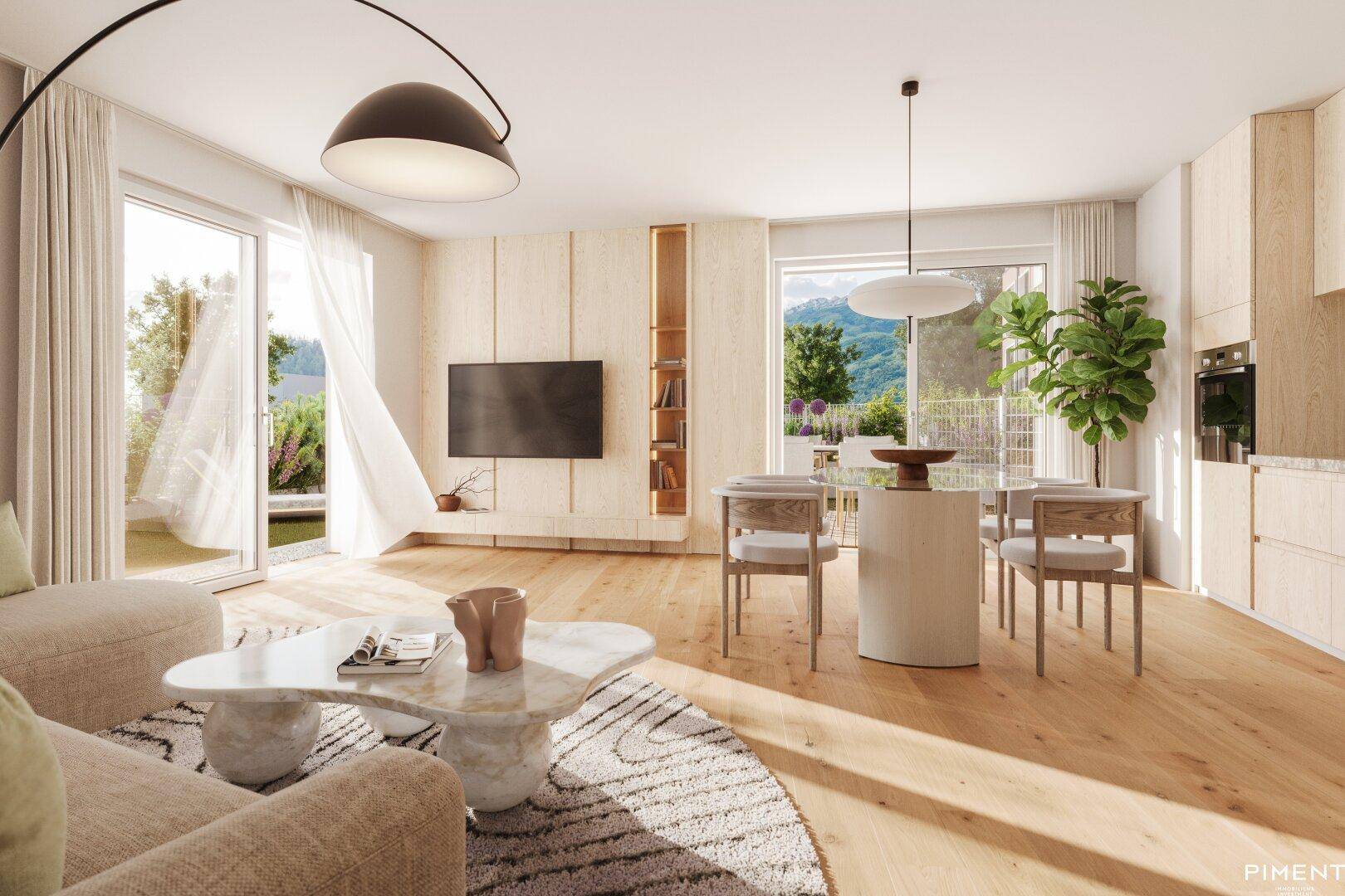 Heller Wohn-Essbereich mit Holzboden, modernen Möbeln und Zugang zu einem Balkon.