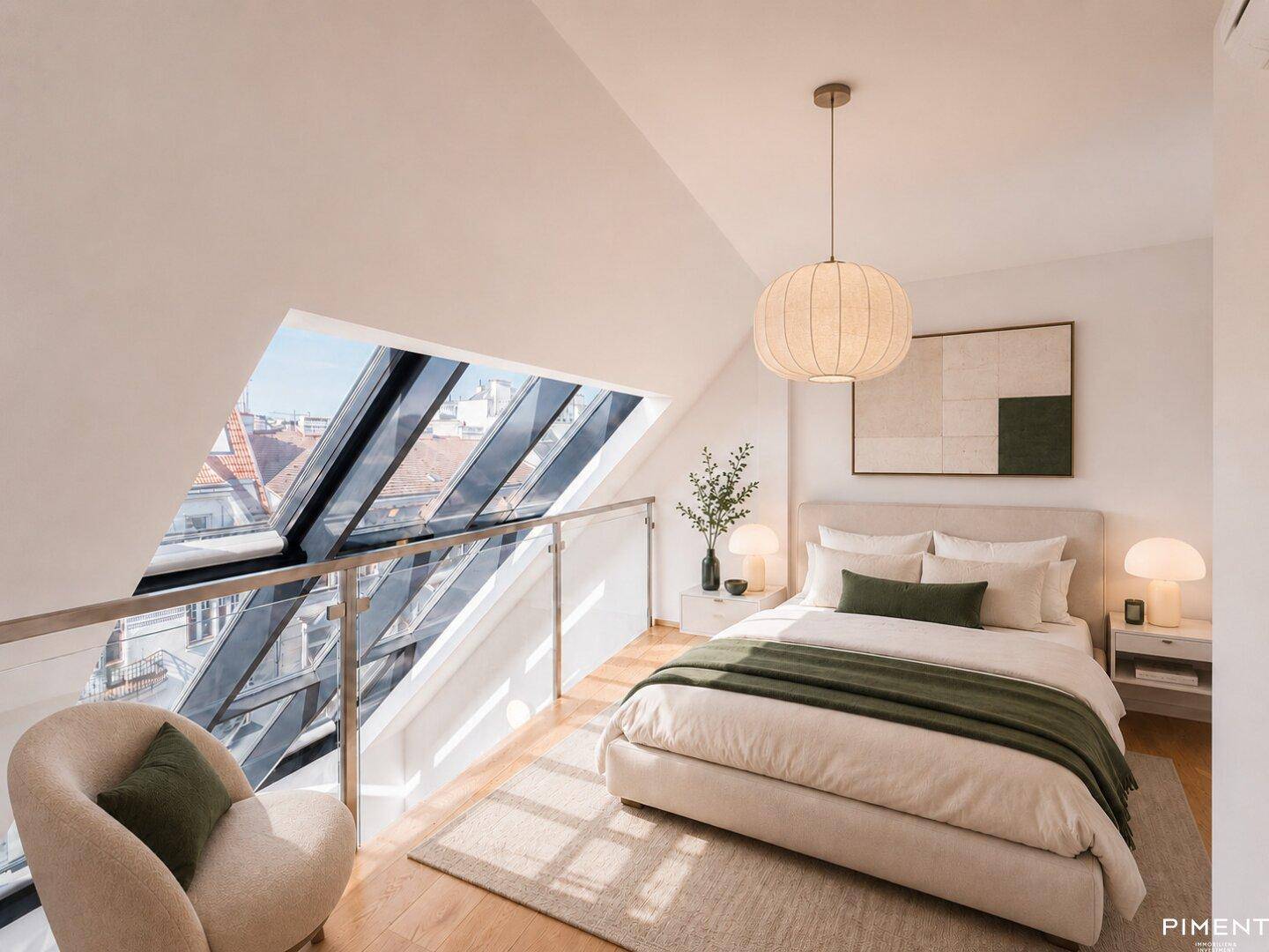 Helles Schlafzimmer mit Dachfenstern, Holzboden und moderner Einrichtung.