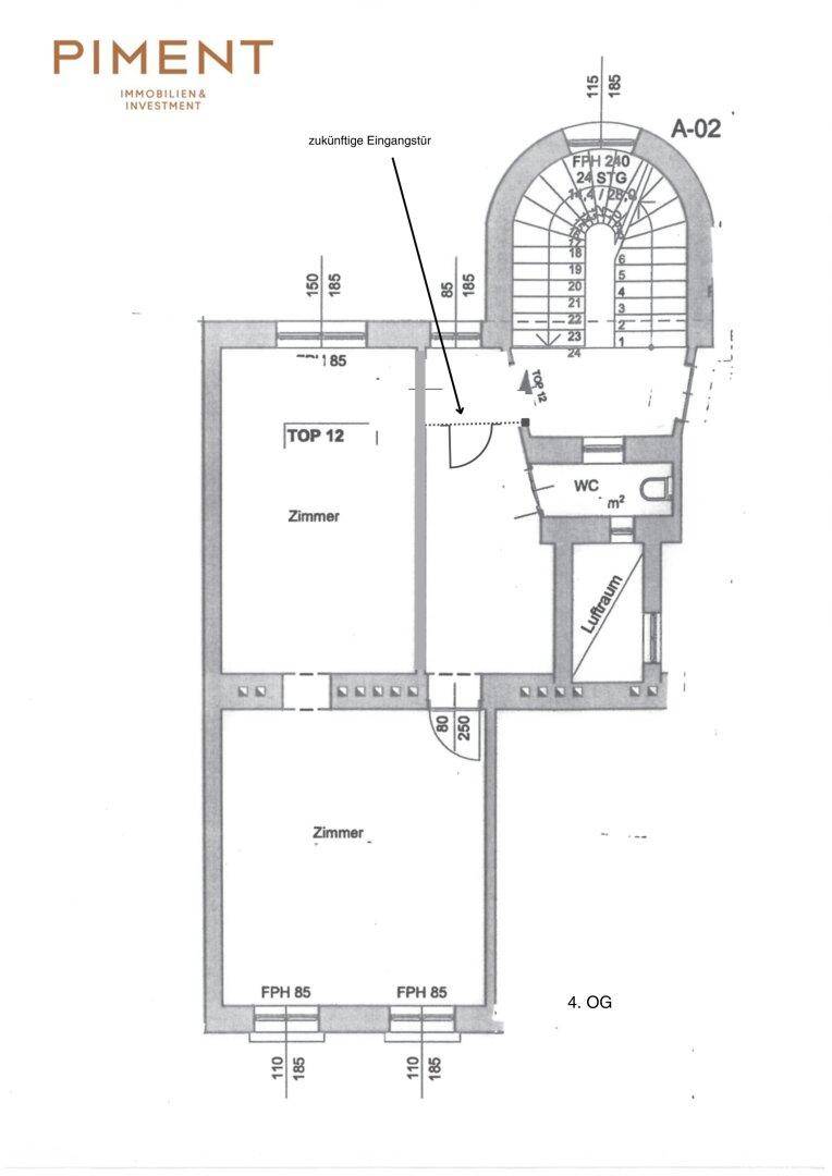 Grundrissplan einer Wohnung im 4. Obergeschoss mit zwei Zimmern und separatem WC.