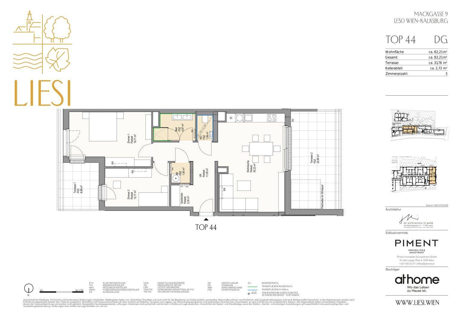 Grundriss für Dachgeschosswohnung TOP 44 mit zwei Schlafzimmern und großer Terrasse.