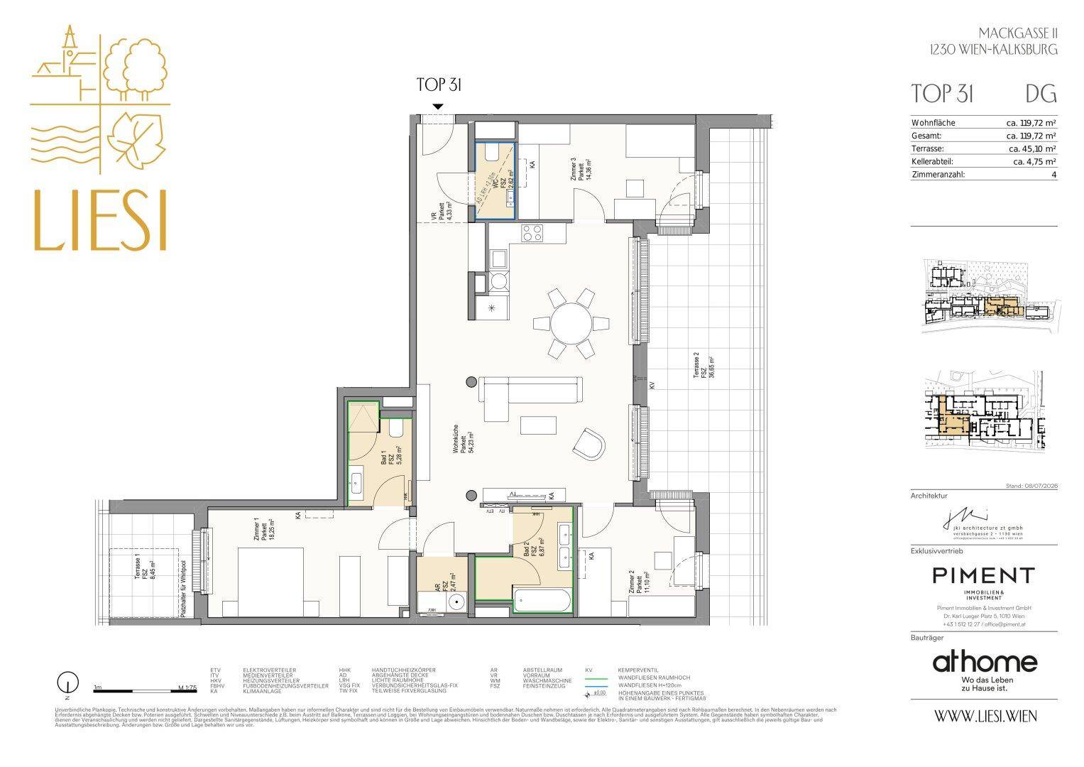 Detaillierter Grundriss einer modernen Wohnung mit offenem Wohn-Essbereich, zwei Bädern und großzügigen Terrassen.