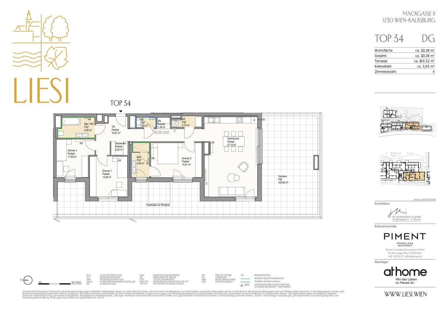 Detaillierter Grundriss einer Dachgeschosswohnung mit drei Schlafzimmern, offenem Wohnbereich und großer Terrasse.
