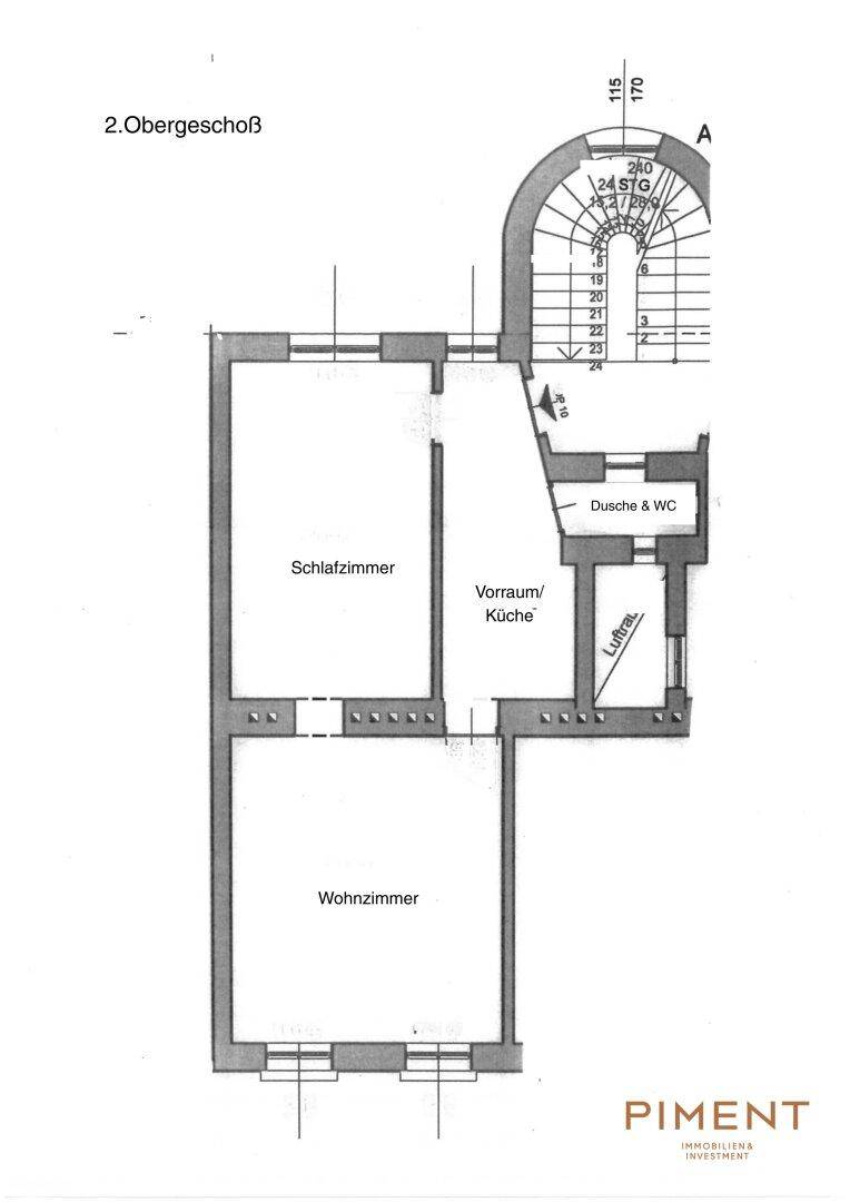 Grundriss des 2. Obergeschosses mit Schlafzimmer, Wohnzimmer und Küche/Vorraum.