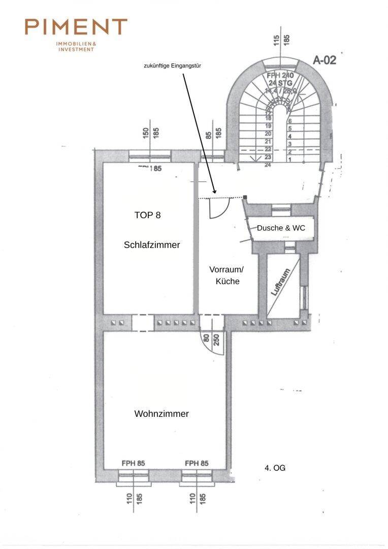 Grundriss der Wohnung A-02 im 4. Obergeschoss mit Schlafzimmer, Wohnzimmer und Küche.