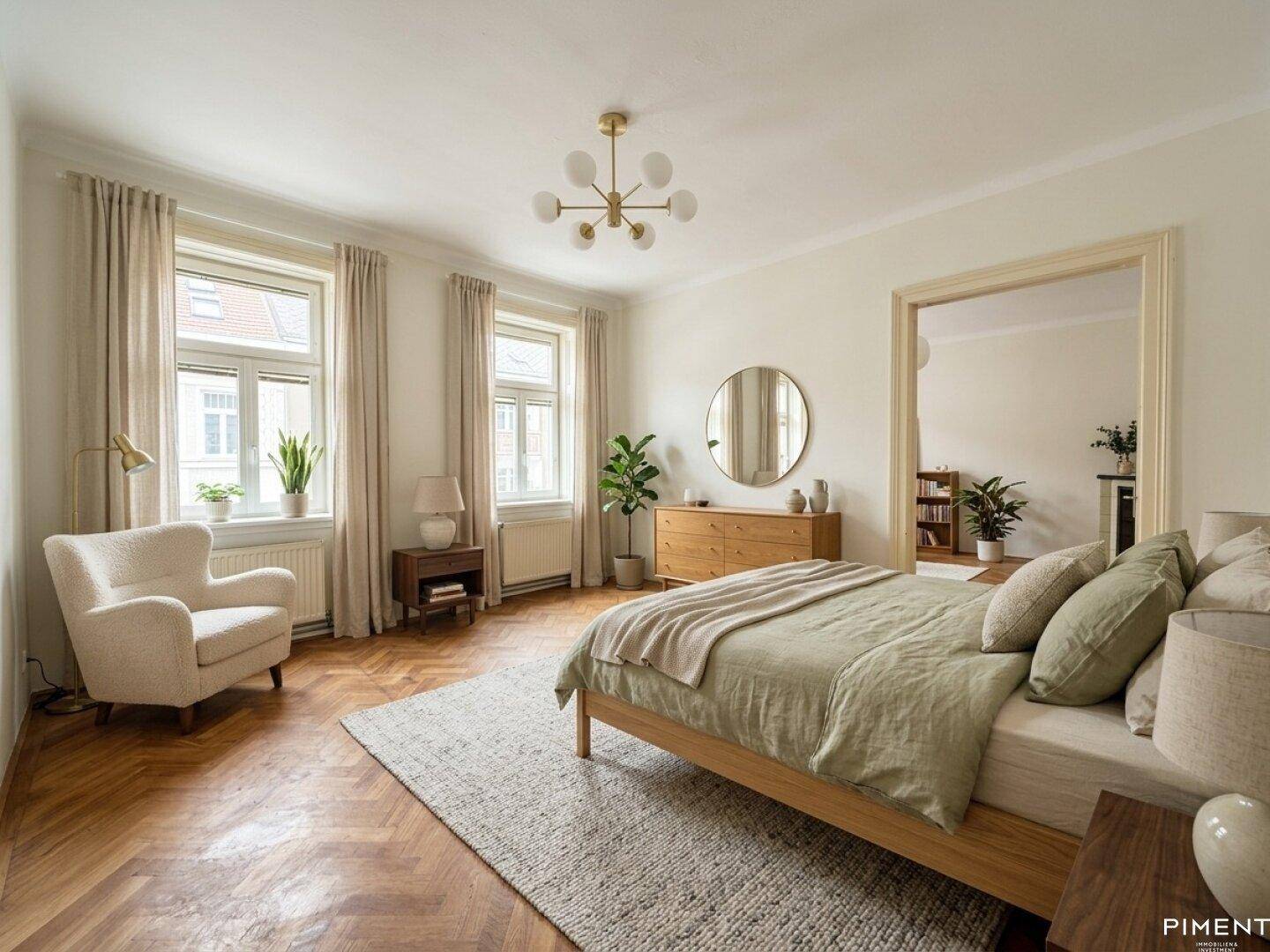 Gemütliches Schlafzimmer mit Fischgrätparkett, großem Bett und viel natürlichem Licht.