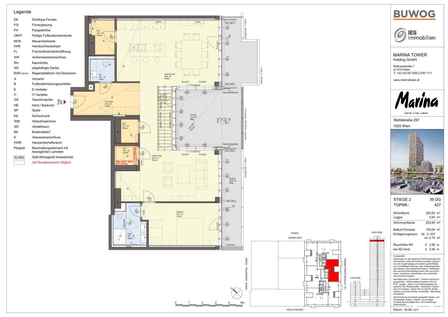 Detaillierter Grundrissplan einer Wohnung mit offenem Wohnbereich und mehreren Bädern.