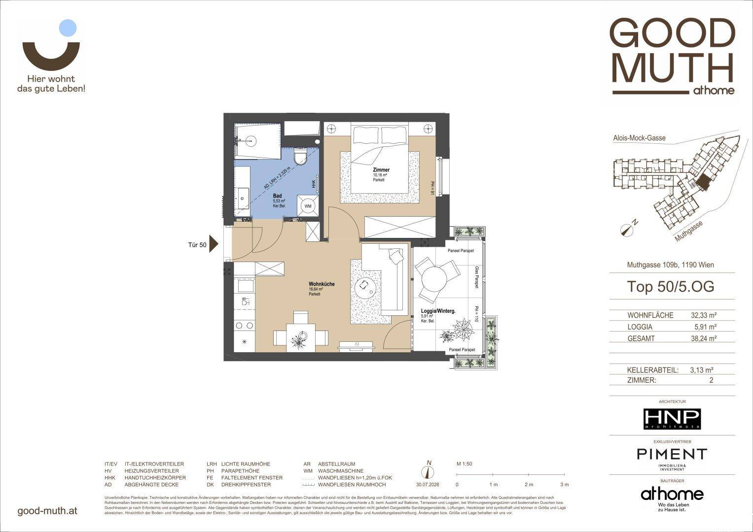 Grundriss einer modernen 2-Zimmer-Wohnung im 5. Obergeschoss mit offener Wohnküche, Loggia und Kellerabteil.
